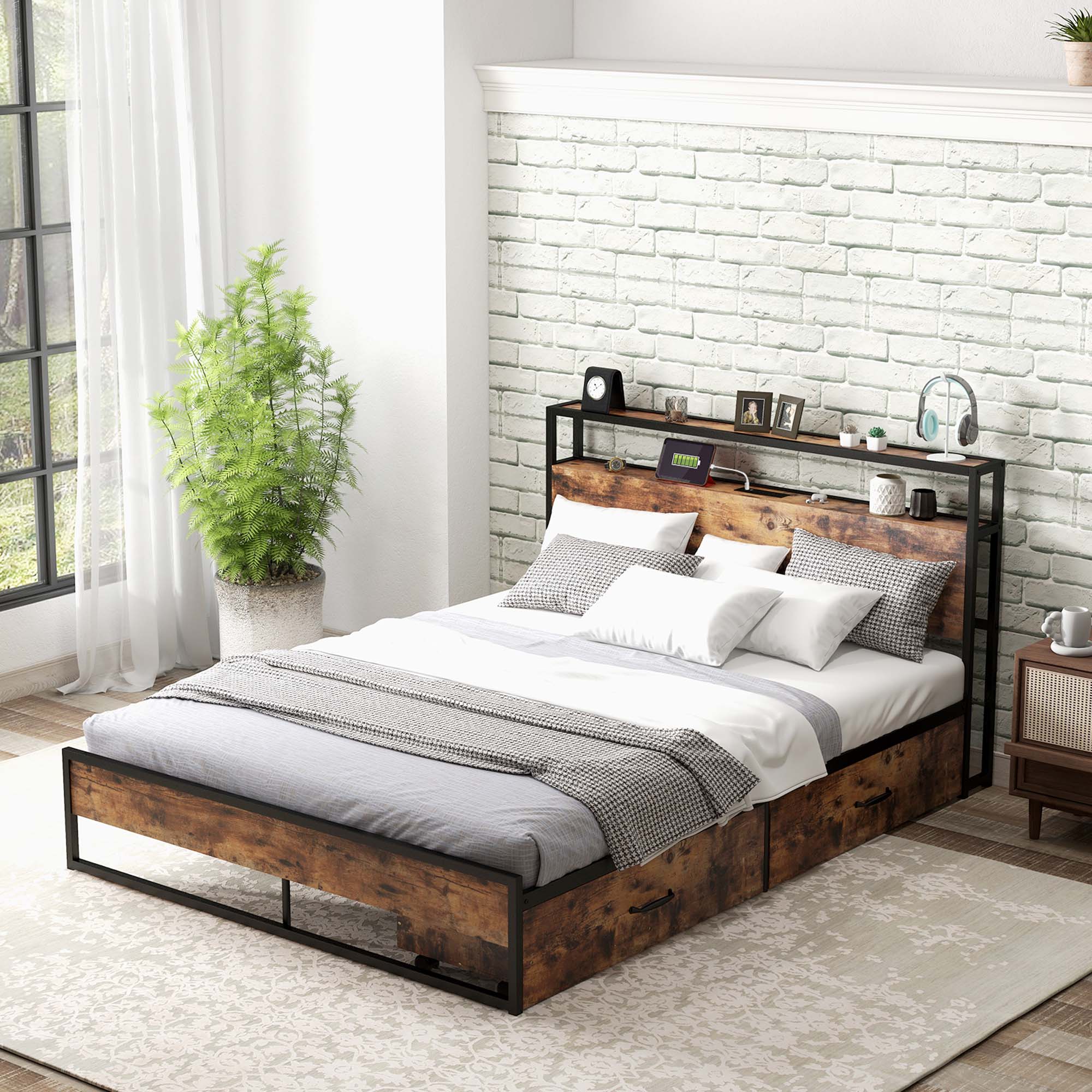 Alt View 4. Costway - Costway Queen Industrial Platform Bed Frame with Drawer Storage Headboard Charging Station - White.