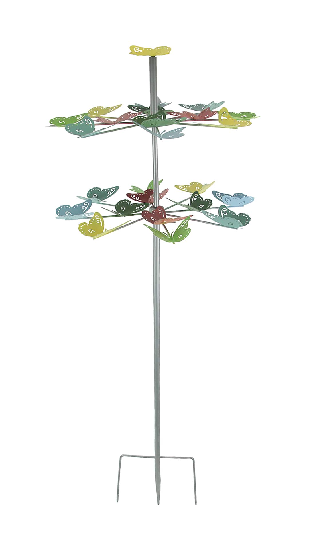Transpac - Colorful Two Tier Metal Butterfly Horizontal Spinning Garden Stake - Multicolored