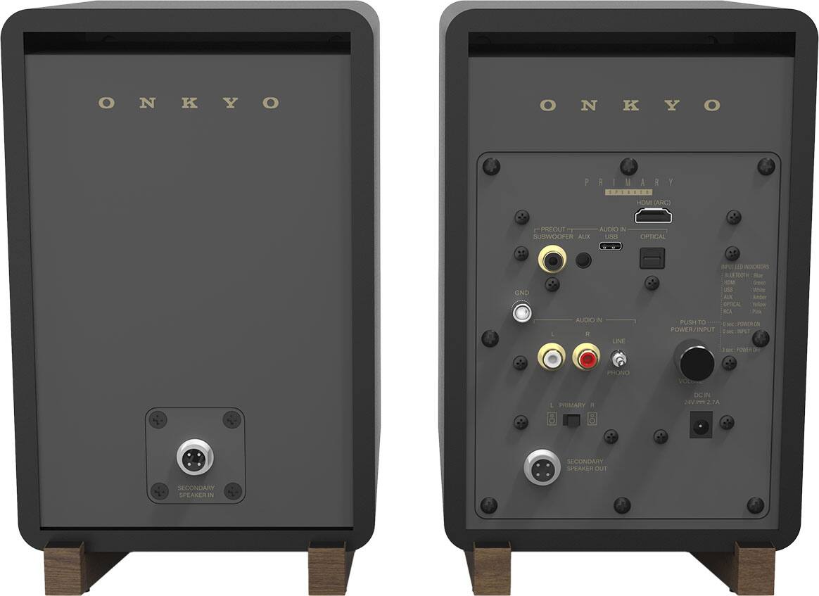 The text on the image reads: "ONKYO PRIMARY PREOUT AUDIO IN SUBWOOFER AUX USB OPTICAL GND LINE INDICATORS BLUETOOTH POWER ON POWER/INPUT 0c BFET 3sec POWER OFF PHONE VOLTAGE 24V 2.7A SECONDARY SPEAKER OUT SECONDARY SPEAKER IN."