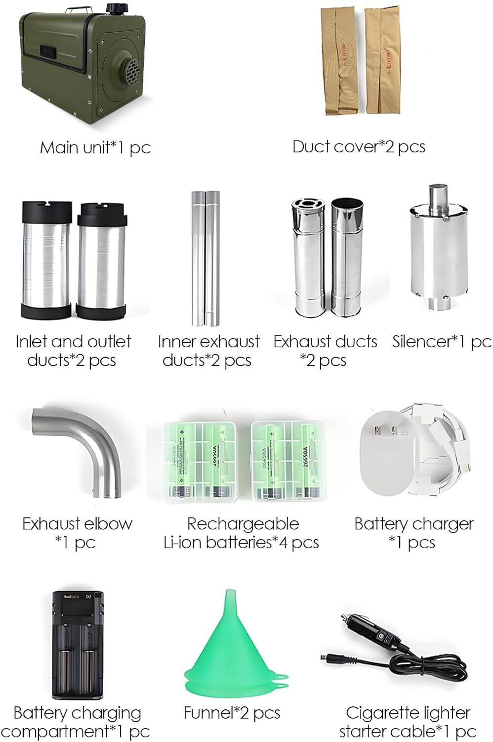 - Main unit* 1 pc
- Duct cover* 2 pcs
- Inlet and outlet ducts* 2 pcs
- Inner exhaust ducts* 2 pcs
- Exhaust ducts* 2 pcs
- Silencer* 1 pc
- Exhaust elbow* 1 pc
- Rechargeable Li-ion batteries* 4 pcs
- Battery charger* 1 pcs
- Battery charging compartment* 1 pc
- Funnel* 2 pcs
- Cigarette lighter starter cable* 1 pc