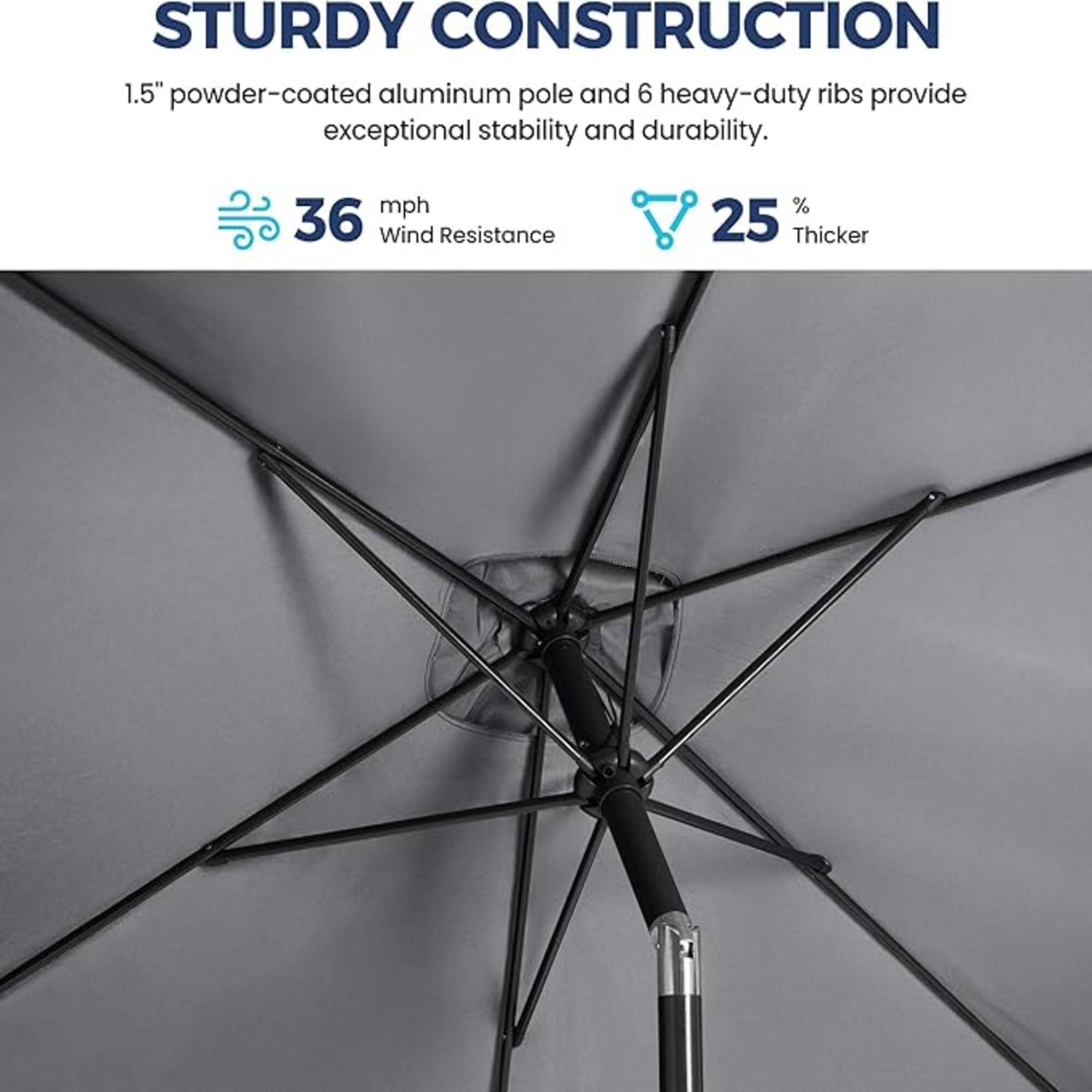 STURDY CONSTRUCTION

1.5" powder-coated aluminum pole and 6 heavy-duty ribs provide exceptional stability and durability.

36 mph Wind Resistance

25% Thicker