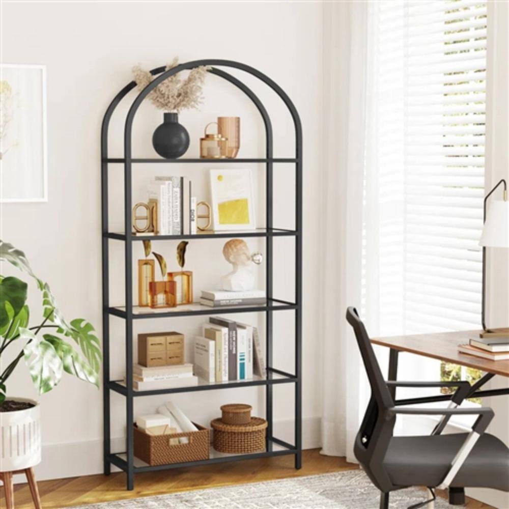 Left. Hivvago - Modern Black Metal Arched Top Display Rack Bookcase with 5 Glass Storage Shelves - Black.