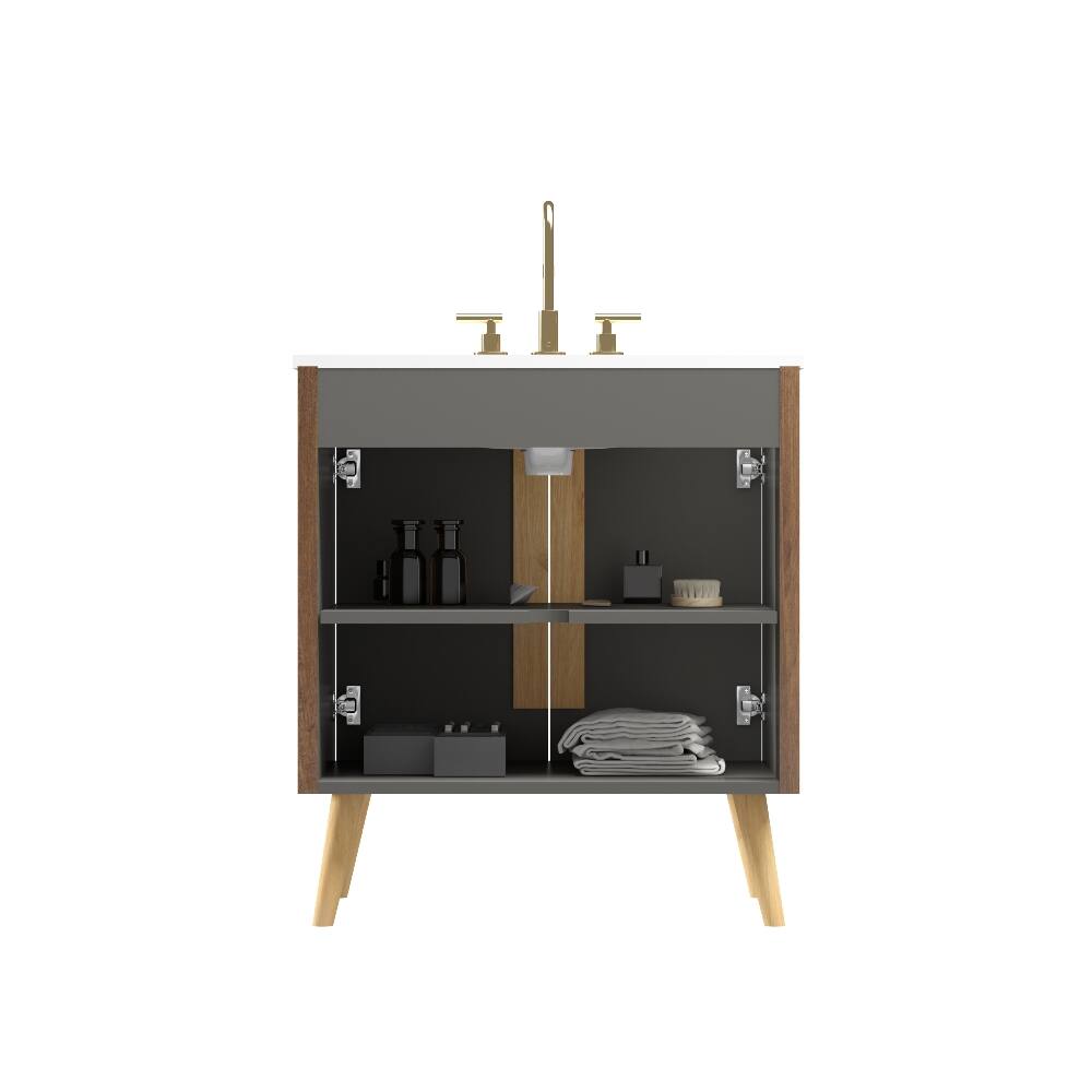 Alt View 7. Loheer - Loheer 30 inch freestanding bathroom vanity striped walnut finish carrara white ceramic sink - White+Walnut.