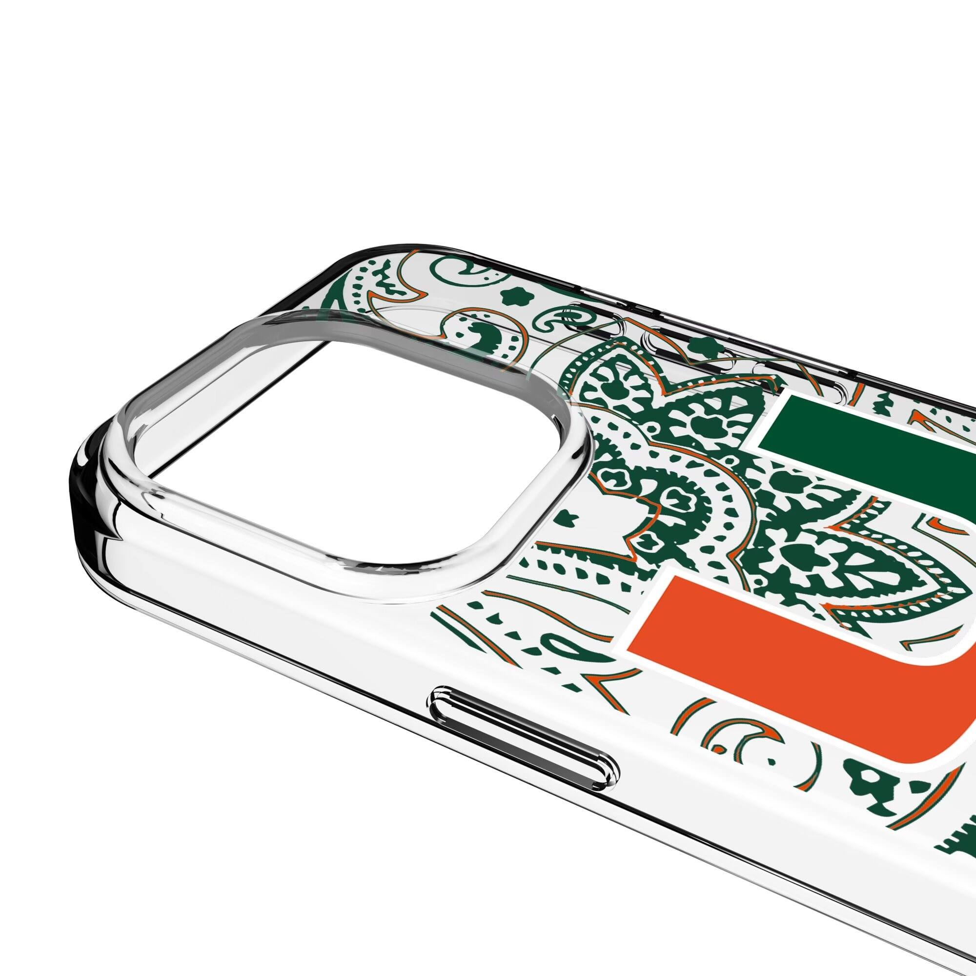 Alt View 2. Keyscaper - Miami Hurricanes iPhone Paisley Design Clear Case - 13 mini - Multicolor.