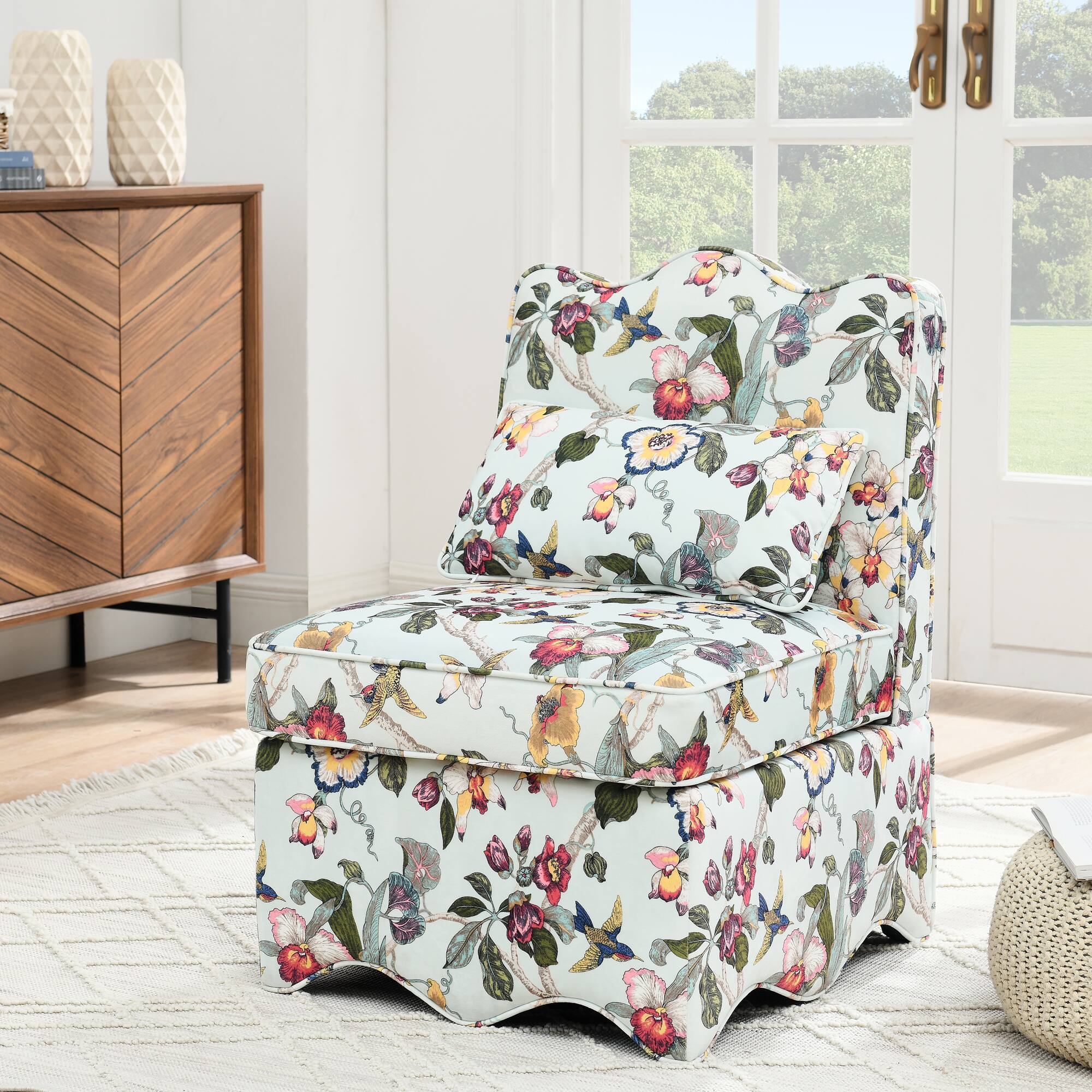 Trinkets Crazed - Flannel Upholstered Accent Chair-Retro Single Sofa Chair with Floral Pattern, Armless Lounge Chair with Pillow - Red