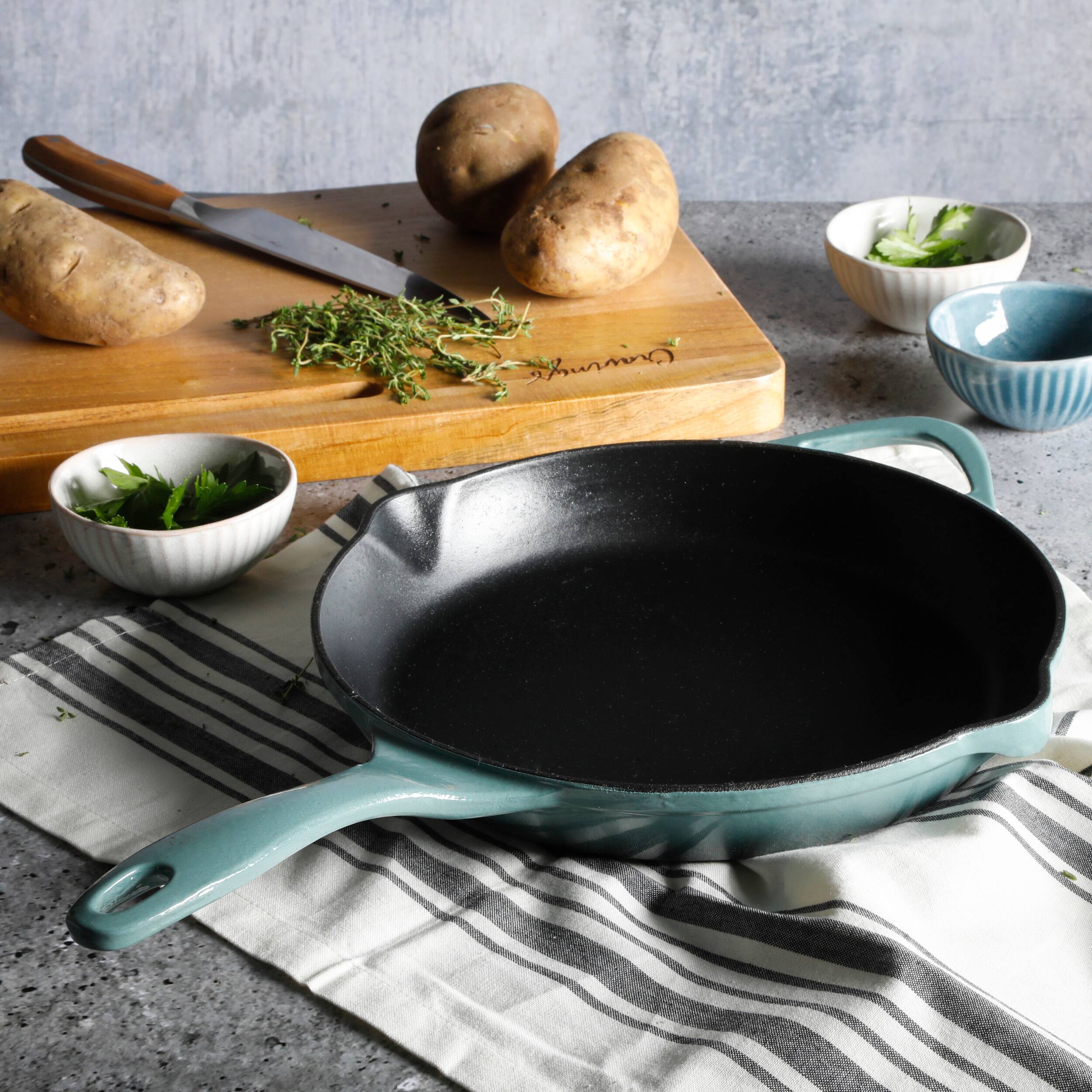 Alt View 1. Gibson - Cravings By Chrissy Teigen 11 Inch Round Enameled Cast Iron Skillet in Ombre Green - Green.