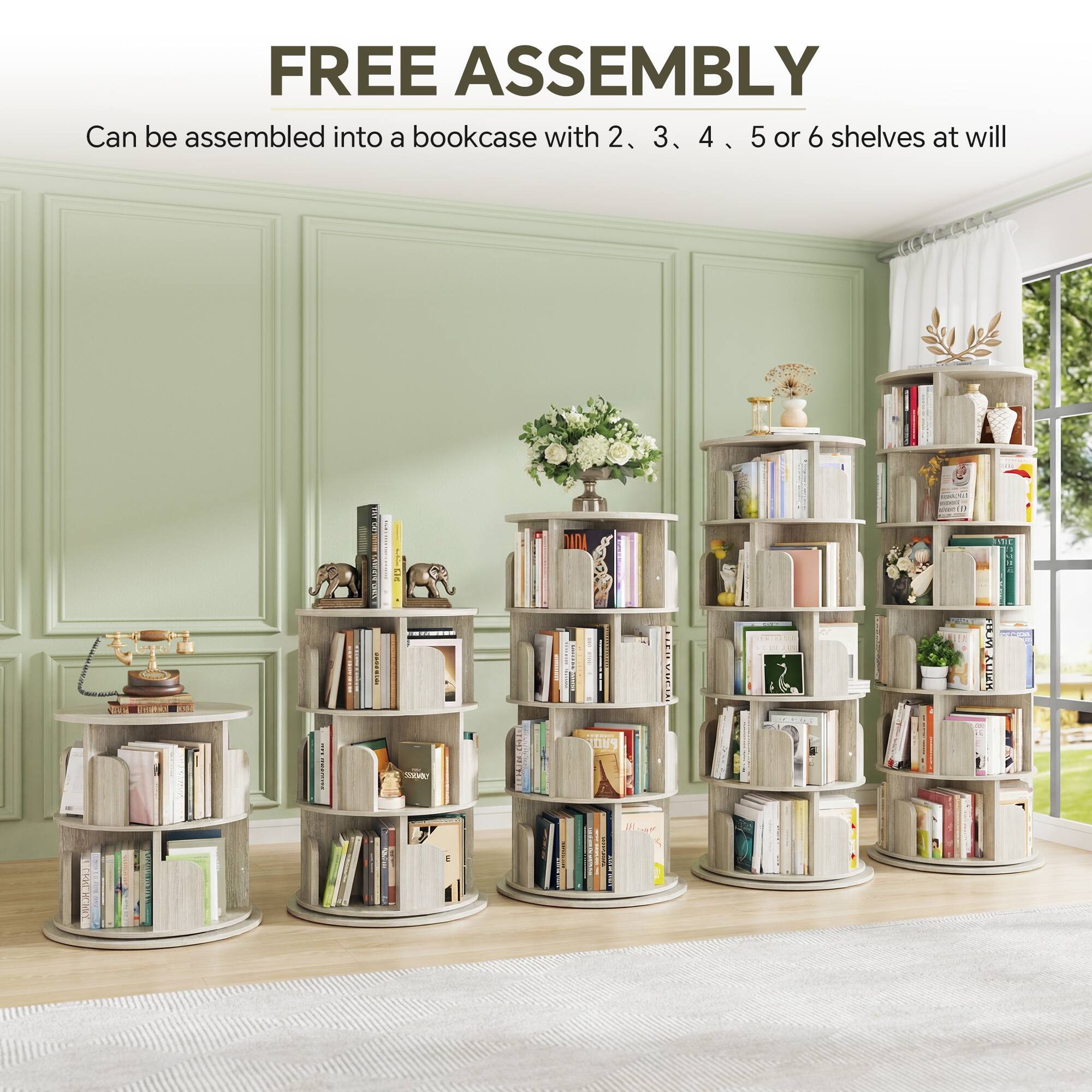 FREE ASSEMBLY  
Can be assembled into a bookcase with 2, 3, 4, 5 or 6 shelves at will