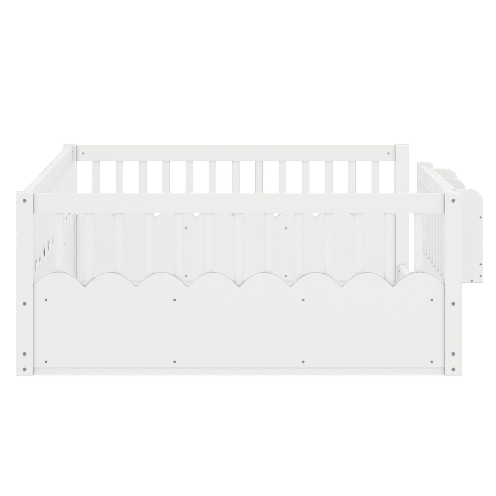 Alt View 4. GOODSILO - Full Size Low Profile Safety Floor Bed with Built-In Bookshelf for Children's Room - White.