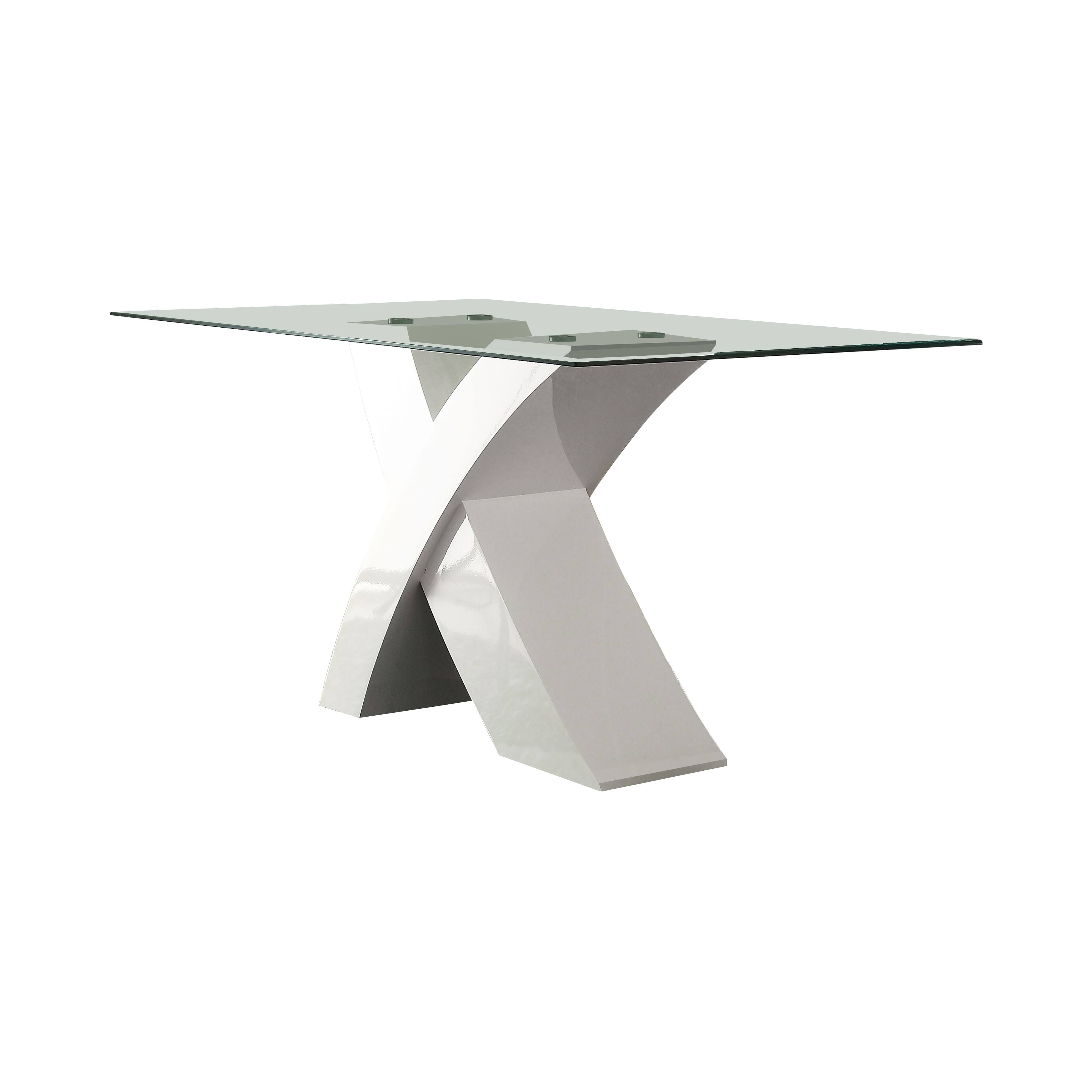 Alt View 3. Manhattan Lane - Glass Top Dining Table With X Shape Wooden Base - White, Clear.