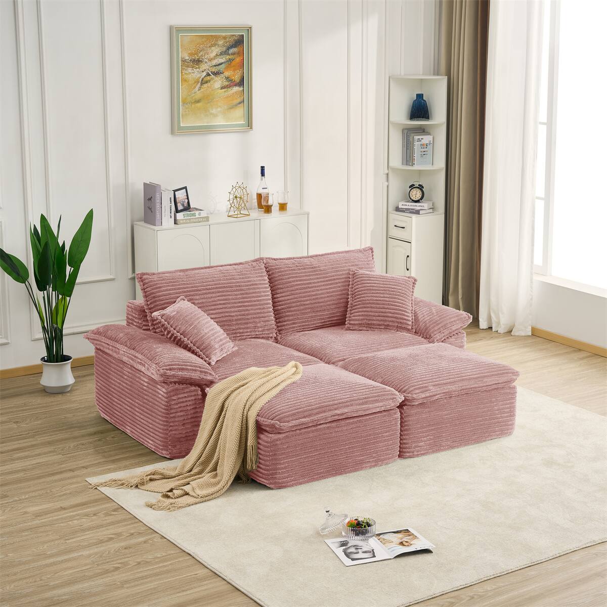 Front. AENKYO - 81" Sectional Sofa Oversized Corduroy Cloud Couch with Movable Ottoman for Living Room - Pink.