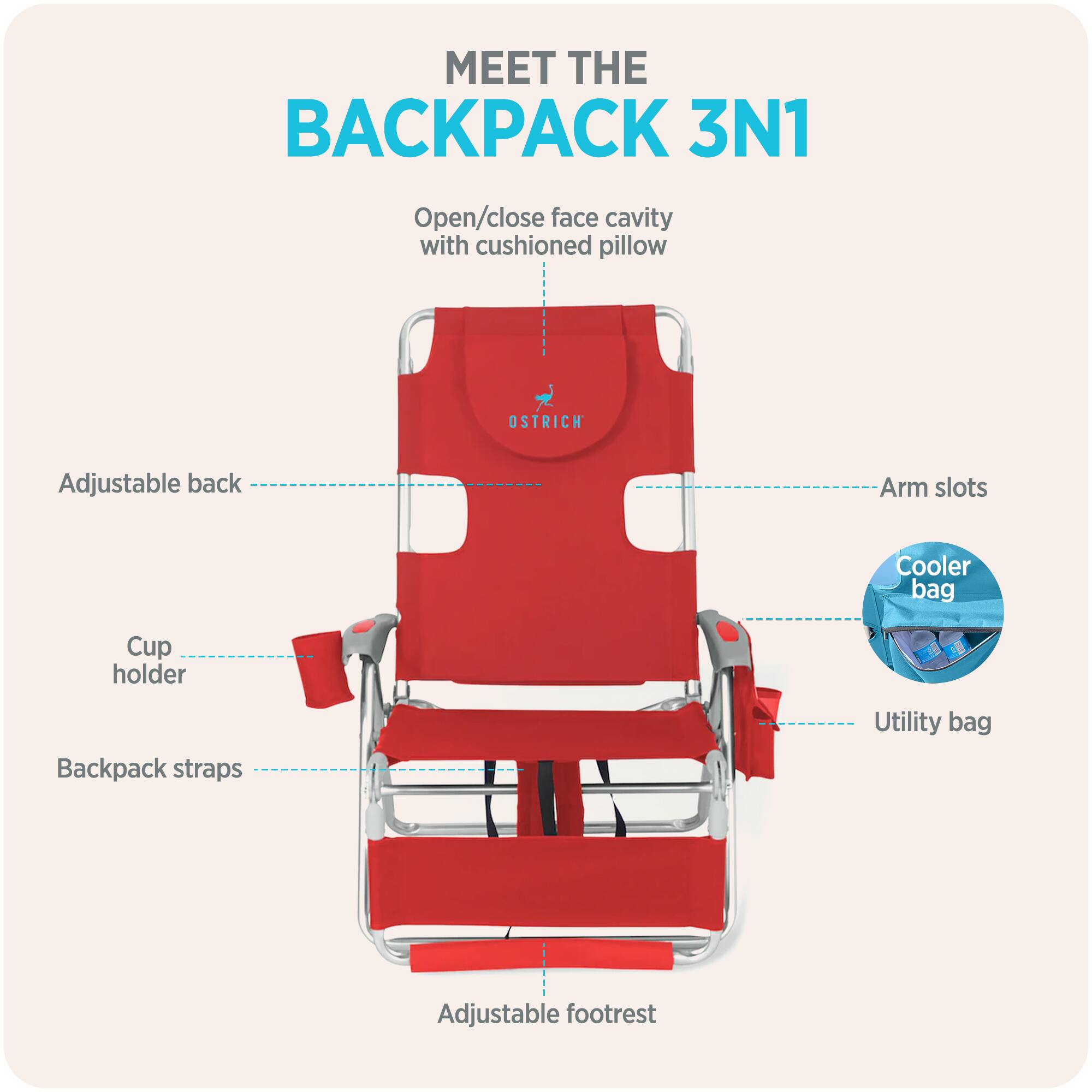 MEET THE BACKPACK 3N1

- Open/close face cavity with cushioned pillow
- Adjustable back
- Arm slots
- Cooler bag
- Cup holder
- Utility bag
- Backpack straps
- Adjustable footrest