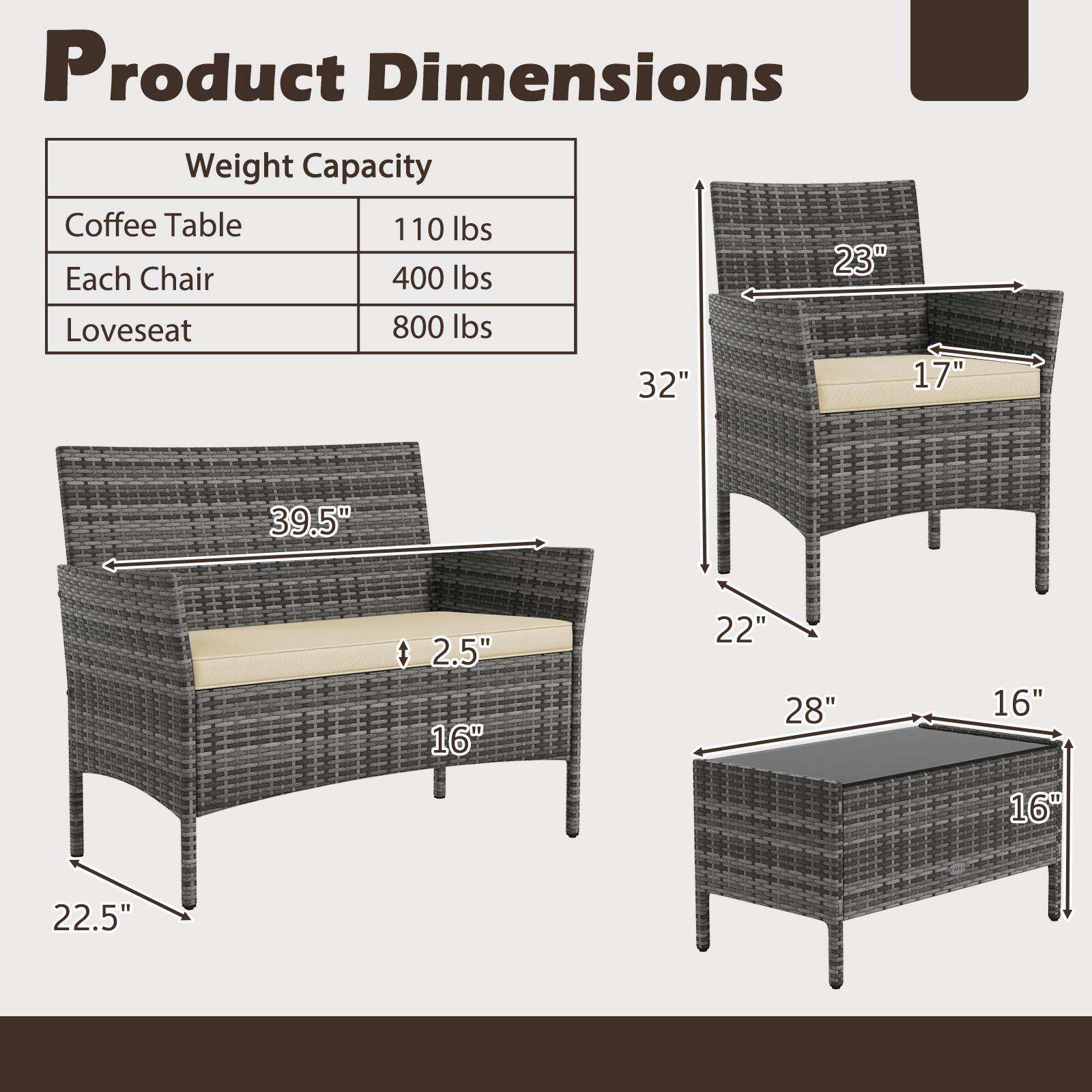 Product Dimensions

Weight Capacity  
Coffee Table: 110 lbs  
Each Chair: 400 lbs  
Loveseat: 800 lbs  

Dimensions  
Chair:  
- Height: 32"  
- Width: 23"  
- Depth: 17"  
- Seat Height: 22"  
- Seat Depth: 16"  
- Armrest Height: 28"  
- Armrest Width: 16"  
- Seat Cushion Thickness: 2.5"  
- Overall Width: 39.5"  
- Overall Depth: 22.5"  

Loveseat:  
- Height: 32"  
- Width: 28"  
- Depth: 16"  
- Seat Height: 22"  
- Seat Depth: 16"  
- Armrest Height: 28"  
- Armrest Width: 16"  
- Seat Cushion Thickness: 2.5"  
- Overall Width: 39.5"  
- Overall Depth: 22.5"