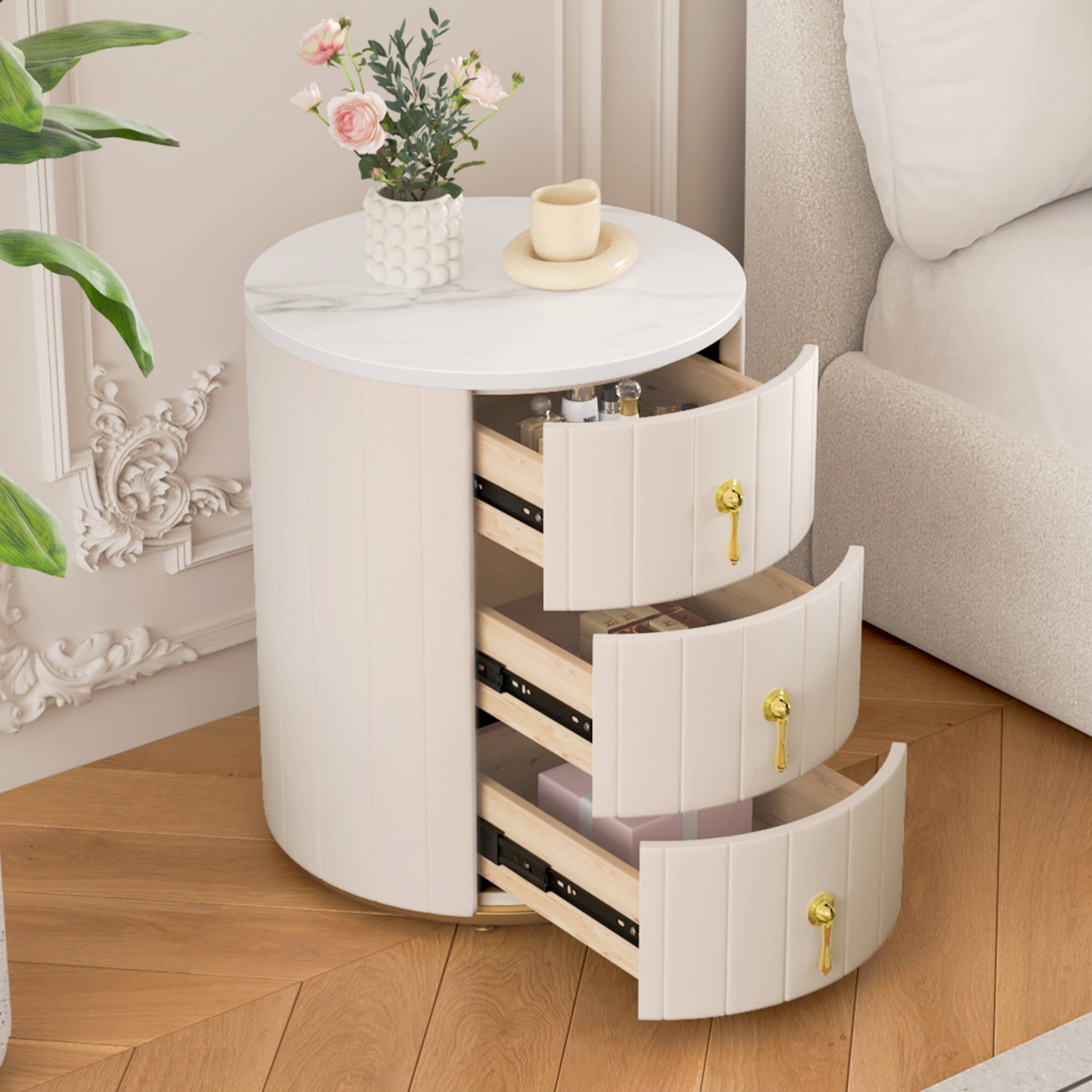 Back. Spaco - Spaco Upholstered Round Nightstand with 3 Drawers and Metal Handles, Marbling Sticker Top for Bedroom - Beige.