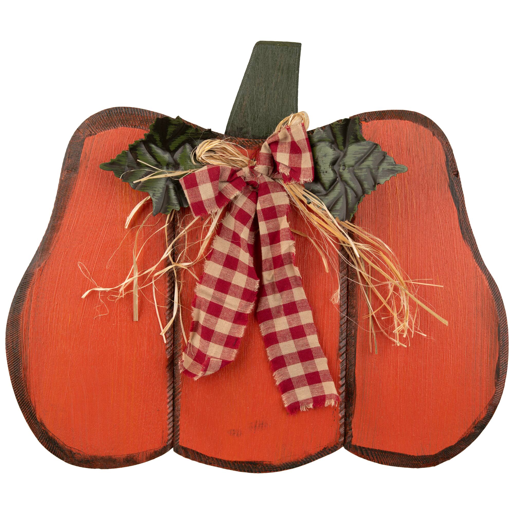 Alt View 1. Northlight - Wooden Pumpkin with Gingham Bow Fall Harvest Decoration - 15.25" - Orange.