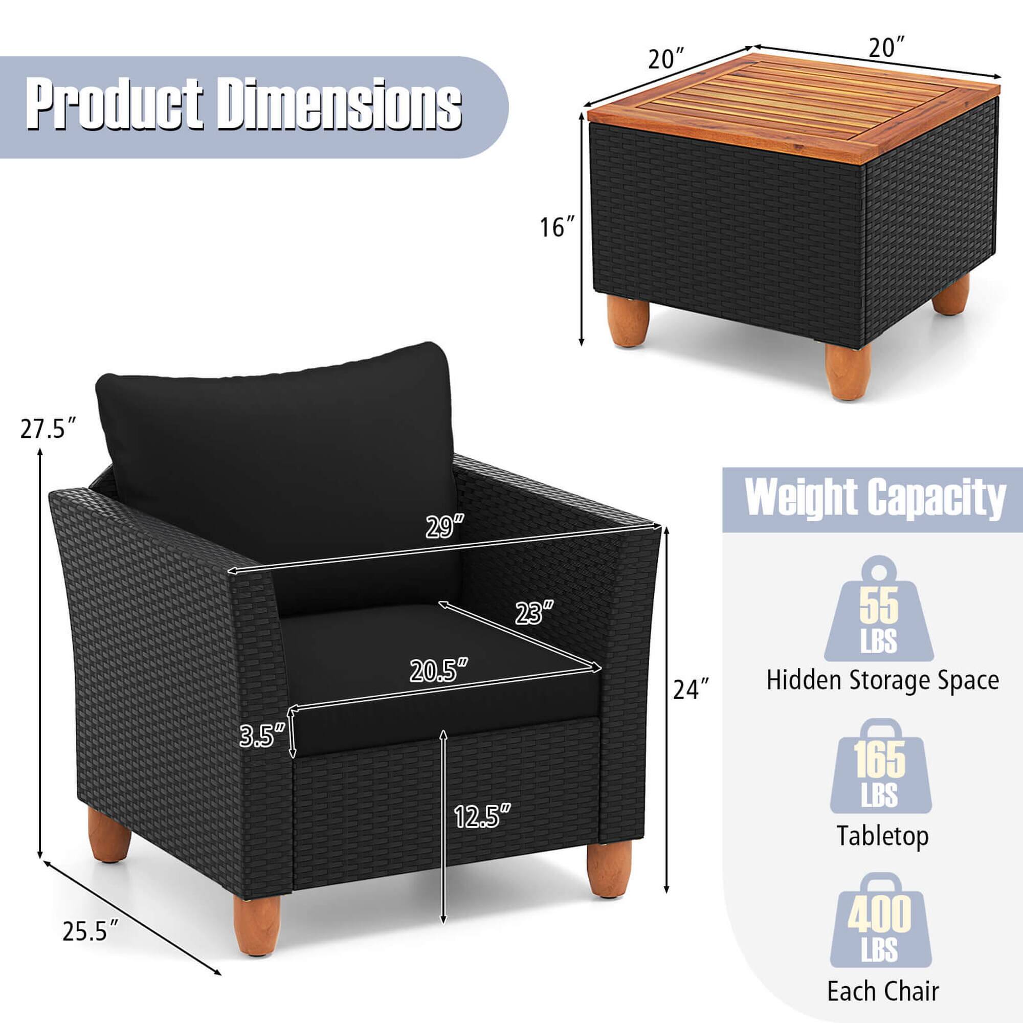 Product Dimensions: 20", 20", 16", 27.5", 29", 23", 20.5", 12.5", 24", 25.5"

Weight Capacity: 55 LBS, 165 LBS, 400 LBS Each Chair

Hidden Storage Space: 165 LBS, Tabletop: 400 LBS Each Chair