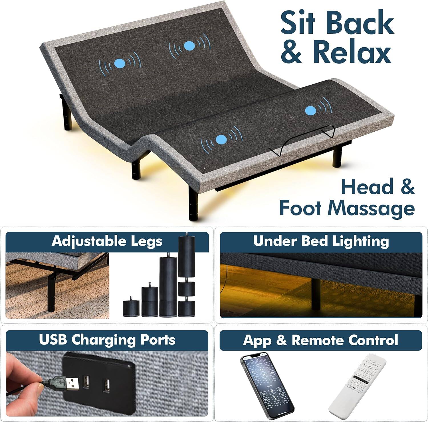 Sit Back & Relax, Head & Foot Massage, Adjustable Legs, Under Bed Lighting, USB Charging Ports, App & Remote Control