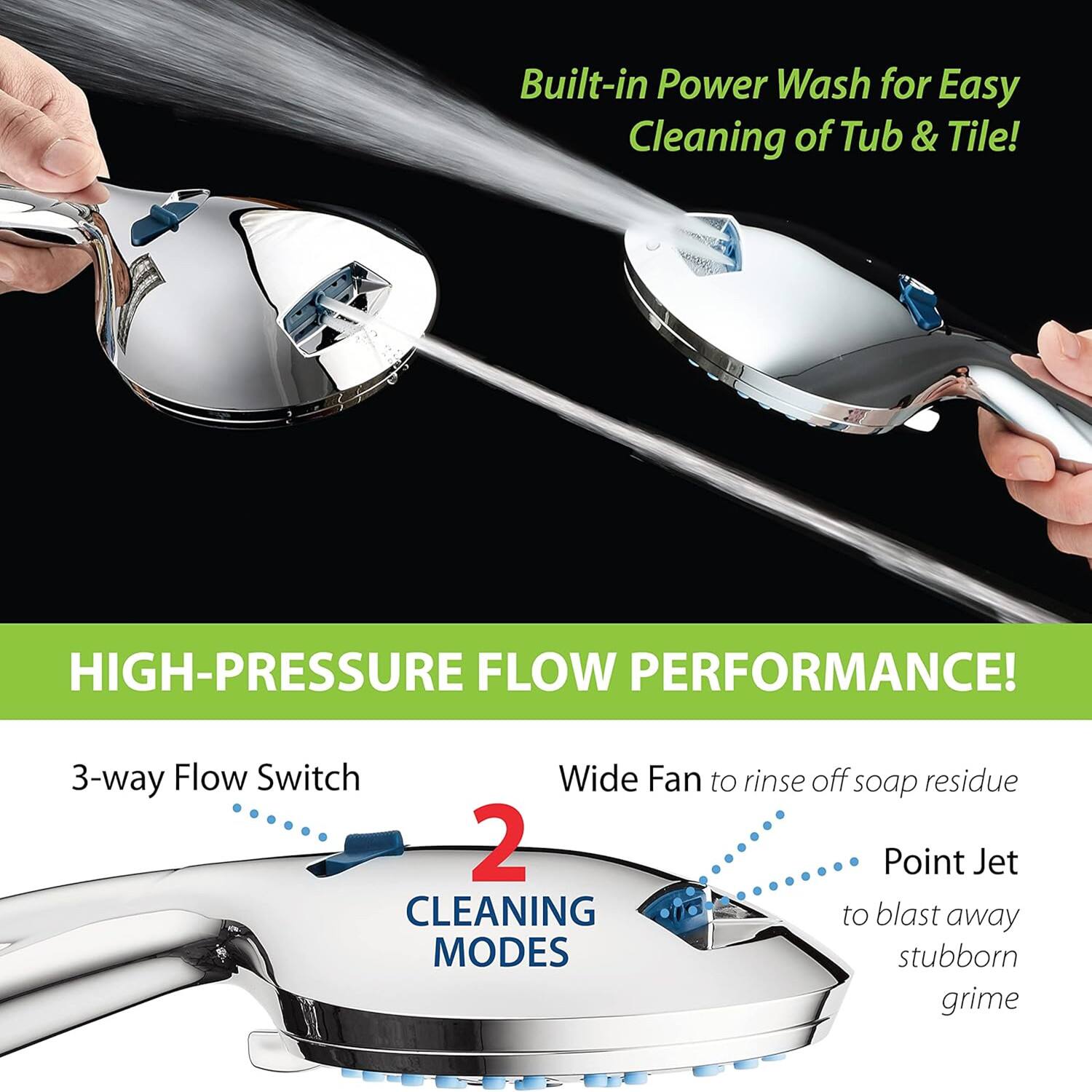 Built-in Power Wash for Easy Cleaning of Tub & Tile! HIGH-PRESSURE FLOW PERFORMANCE! 3-way Flow Switch Wide Fan to rinse off soap residue Point Jet to blast away stubborn grime 2 CLEANING MODES