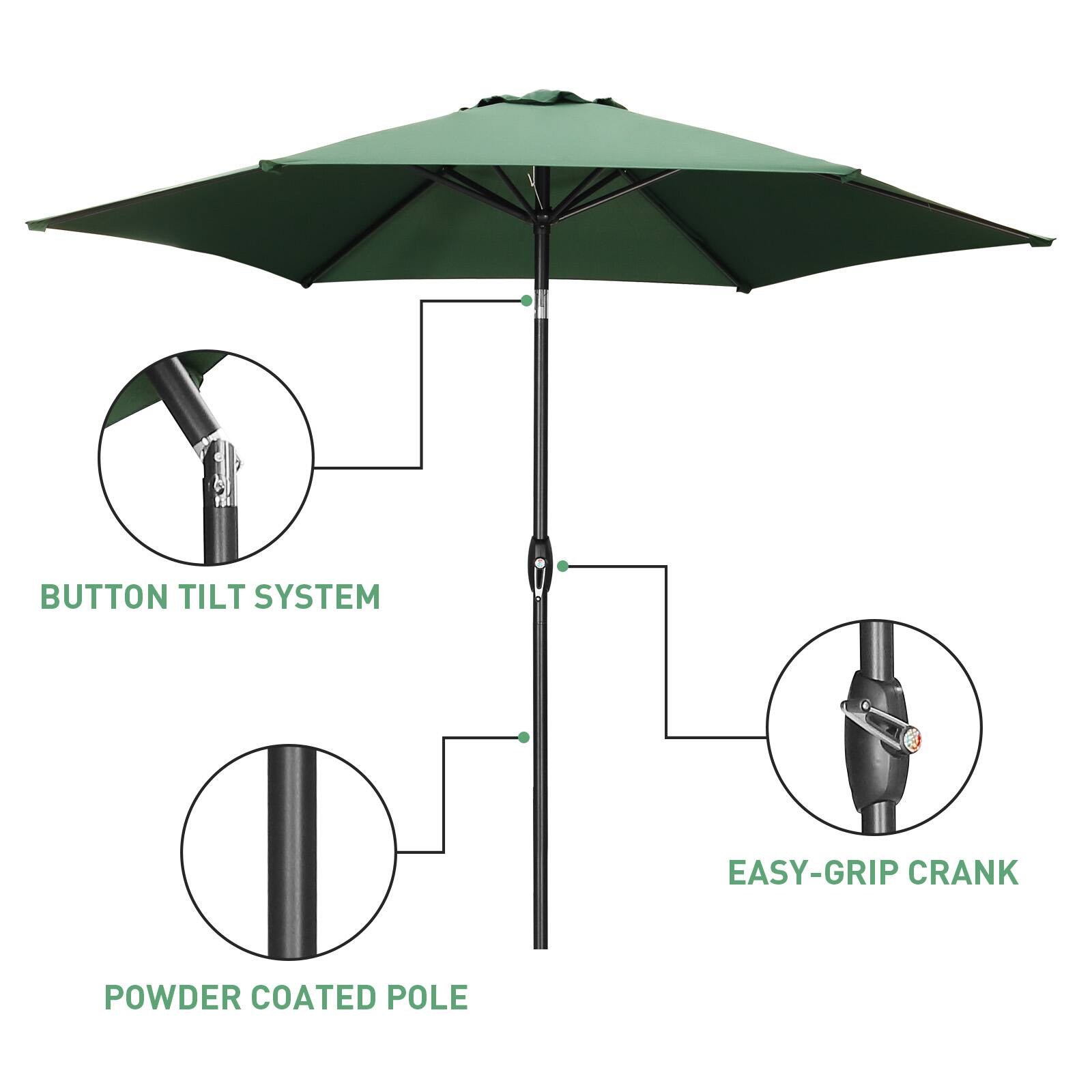 1. BUTTON TILT SYSTEM
2. POWDER COATED POLE
3. EASY-GRIP CRANK