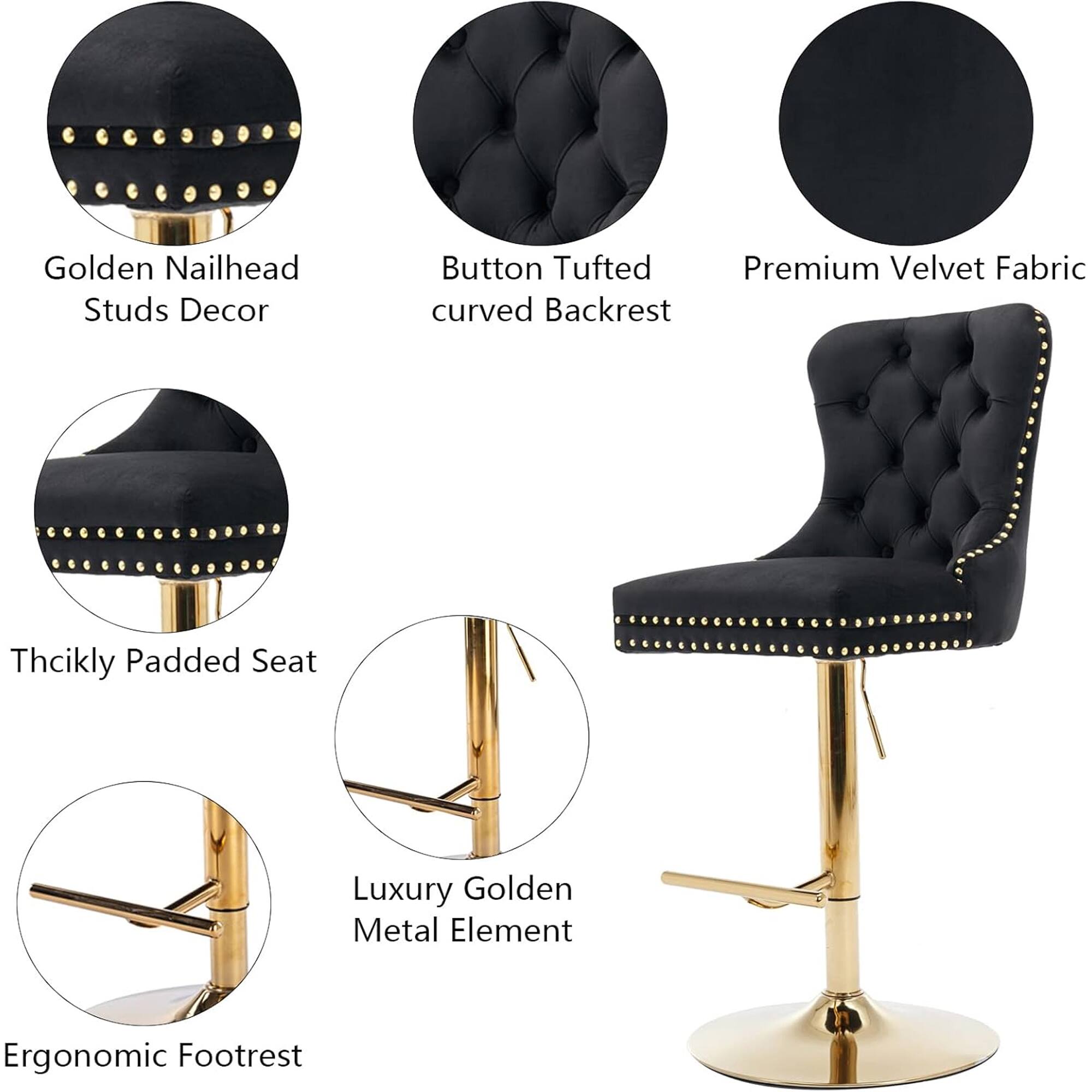 Golden Nailhead Studs Decor  
Button Tufted curved Backrest  
Premium Velvet Fabric  
Thickly Padded Seat  
Luxury Golden Metal Element  
Ergonomic Footrest