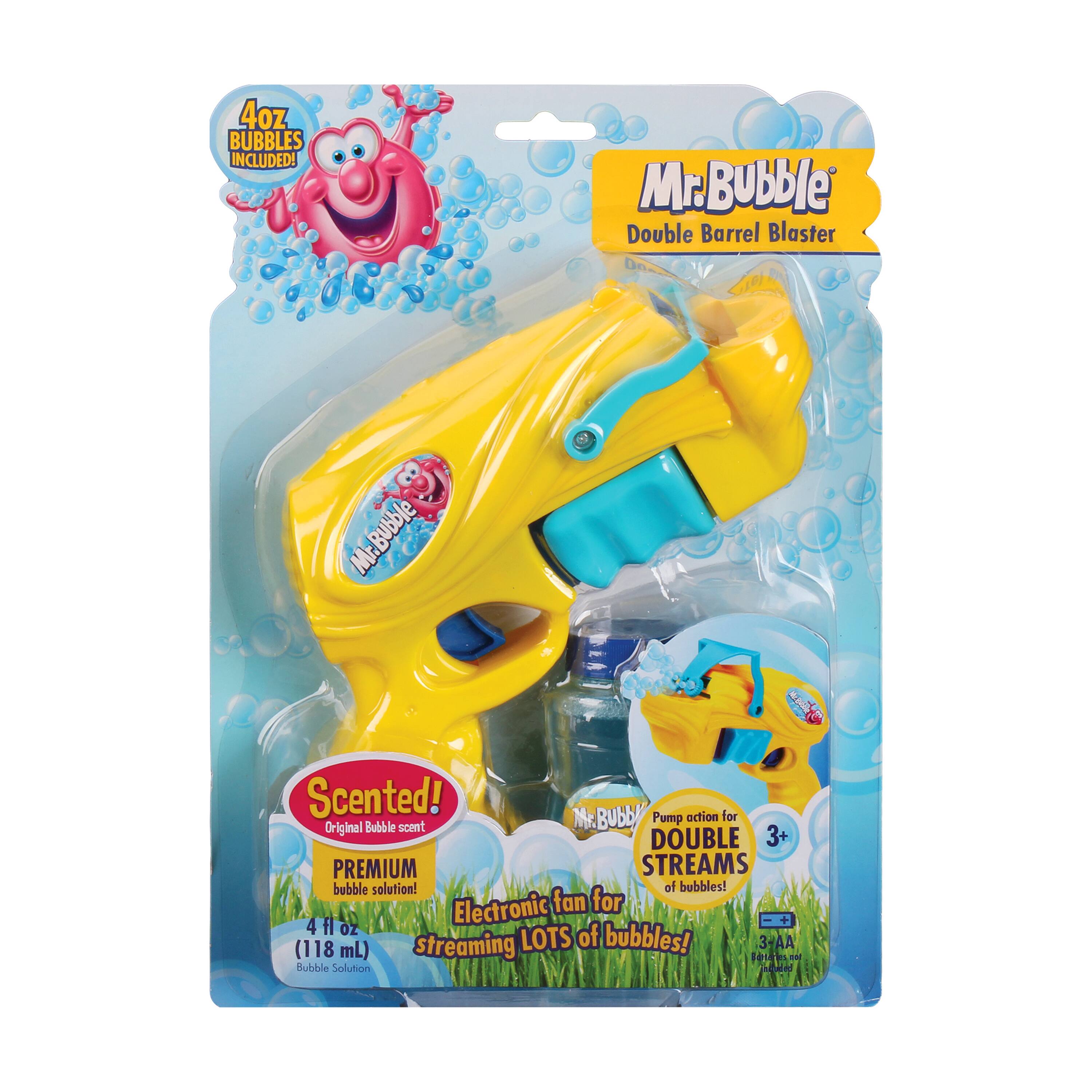 Mr. Bubble Double Barrel Blaster Scented! 4oz Bubbles Included! Pump action for Original Bubble Scent. Double 3+ Premium Streams of Bubbles! Electronic fan for 4 fl oz of bubble solution (118 mL). Lots of bubbles!