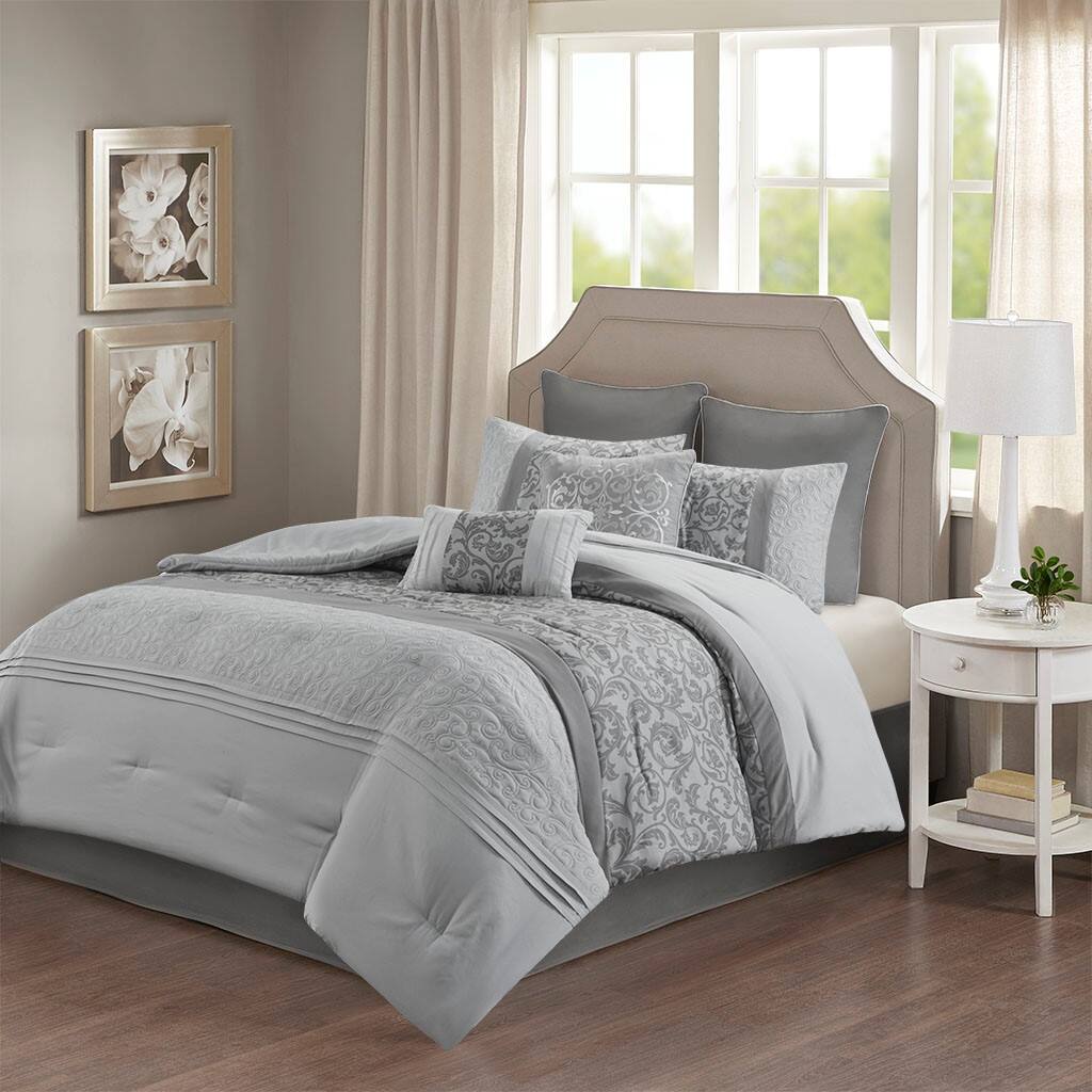Alt View 1. Gracie Mills - Gracie Mills McConnell 8-Piece Embroidered Pintucked Comforter Set - Grey.