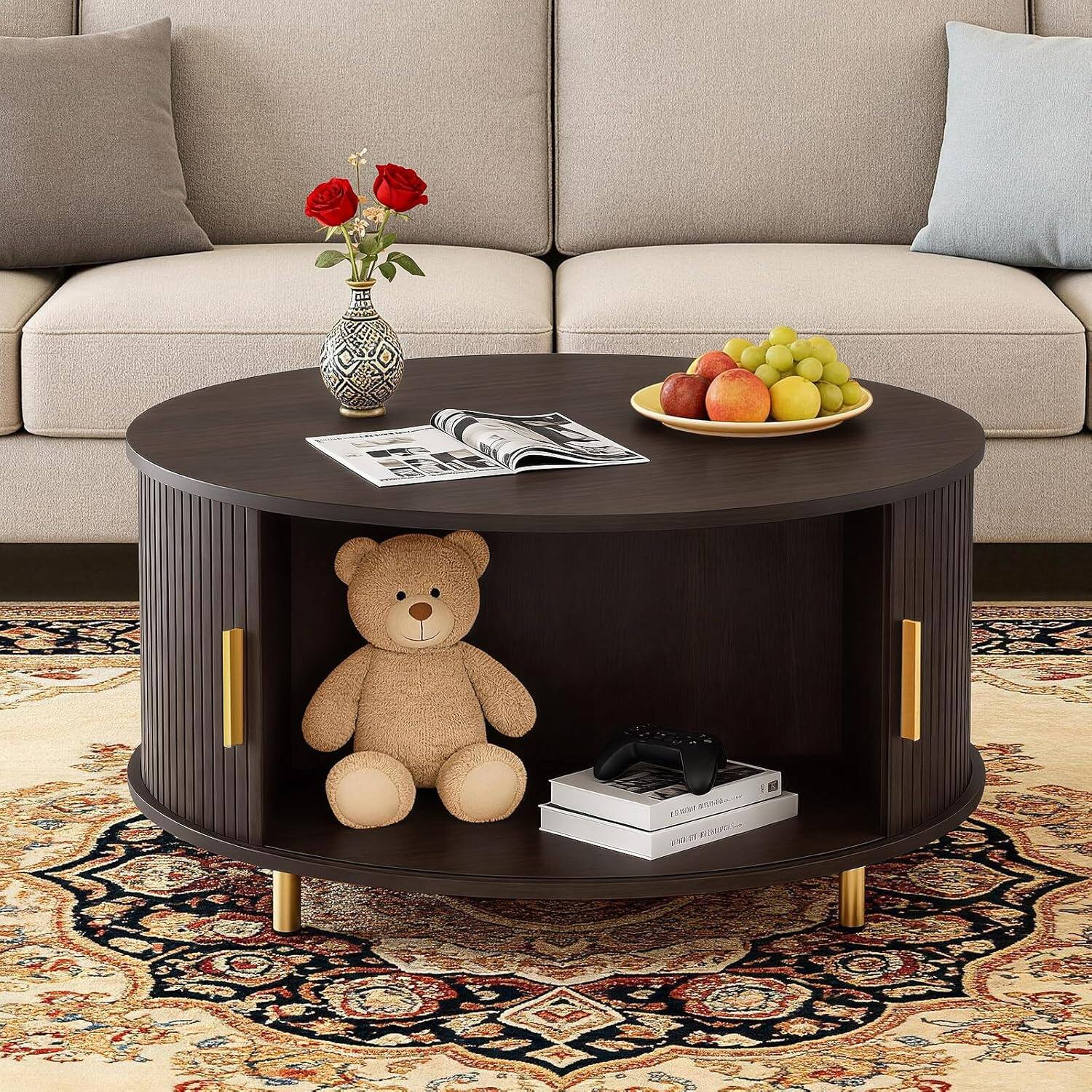 Front. Tiramisubest - 31.5" Mid Century Round Coffee Table with 360°Sliding Tambour Door,Fluted Accent Coffee Table with Adjustable Footpads - Coffee.