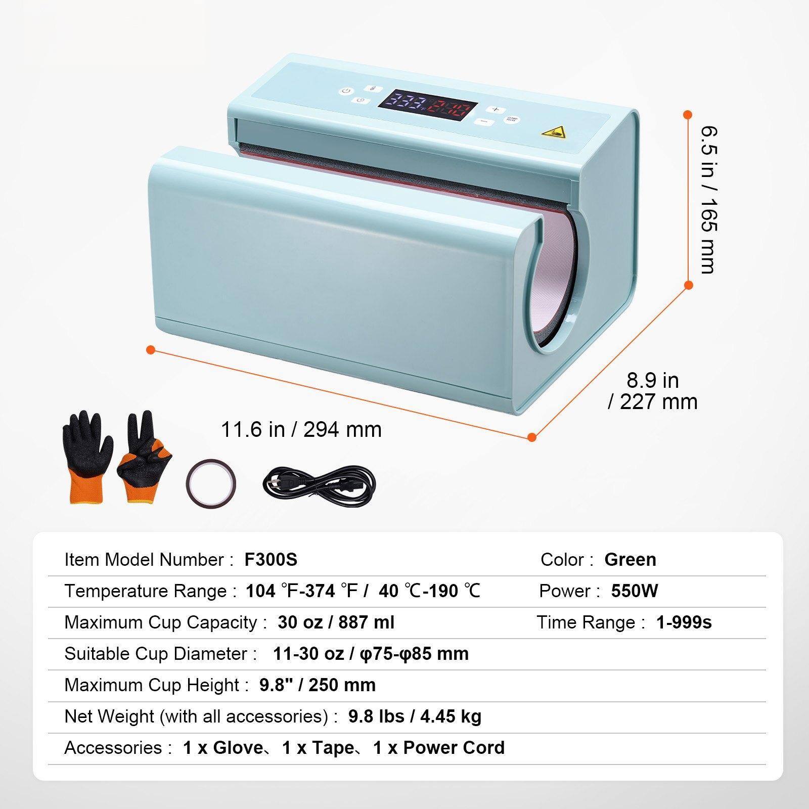 6.5 in / 165 mm  
11.6 in / 294 mm  
8.9 in / 227 mm  

Item Model Number: F300S  
Color: Green  
Temperature Range: 104 °F-374 °F / 40 °C-190 °C  
Maximum Cup Capacity: 30 oz / 887 ml  
Suitable Cup Diameter: 11-30 oz / Ø75-Ø85 mm  
Maximum Cup Height: 9.8" / 250 mm  
Net Weight (with all accessories): 9.8 lbs / 4.45 kg  

Accessories:  
- 1 x Glove  
- 1 x Tape  
- 1 x Power Cord  

Power: 550W  
Time Range: 1-999s