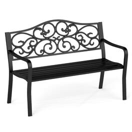 Mondawe - 50 Inch Outdoor Cast Iron Metal Patio Bench with Floral Backrest and Slatted Seat - Black