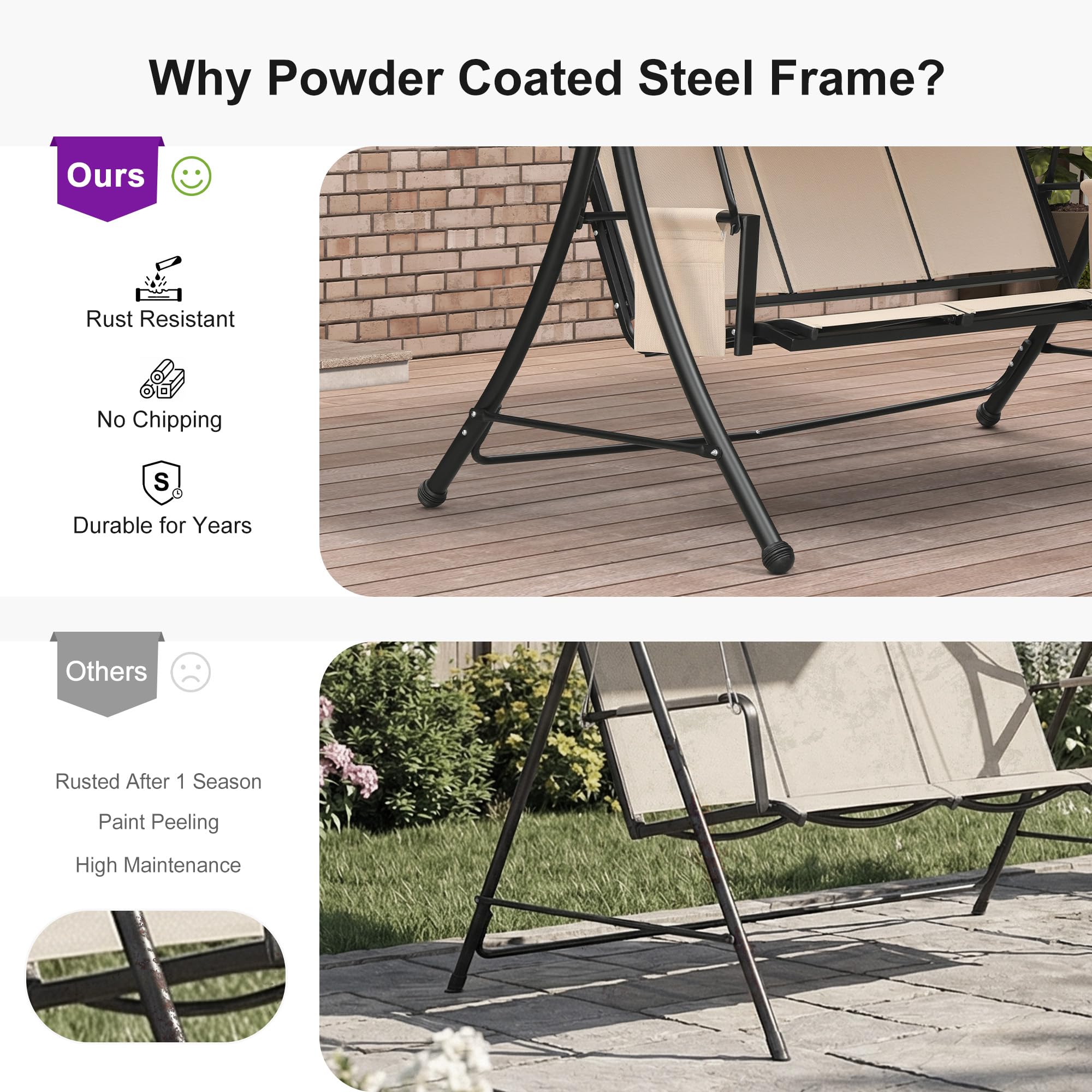 Why Powder Coated Steel Frame?  
Ours:  
- Rust Resistant  
- No Chipping  
- Durable for Years  

Others:  
- Rusted After 1 Season  
- Paint Peeling  
- High Maintenance