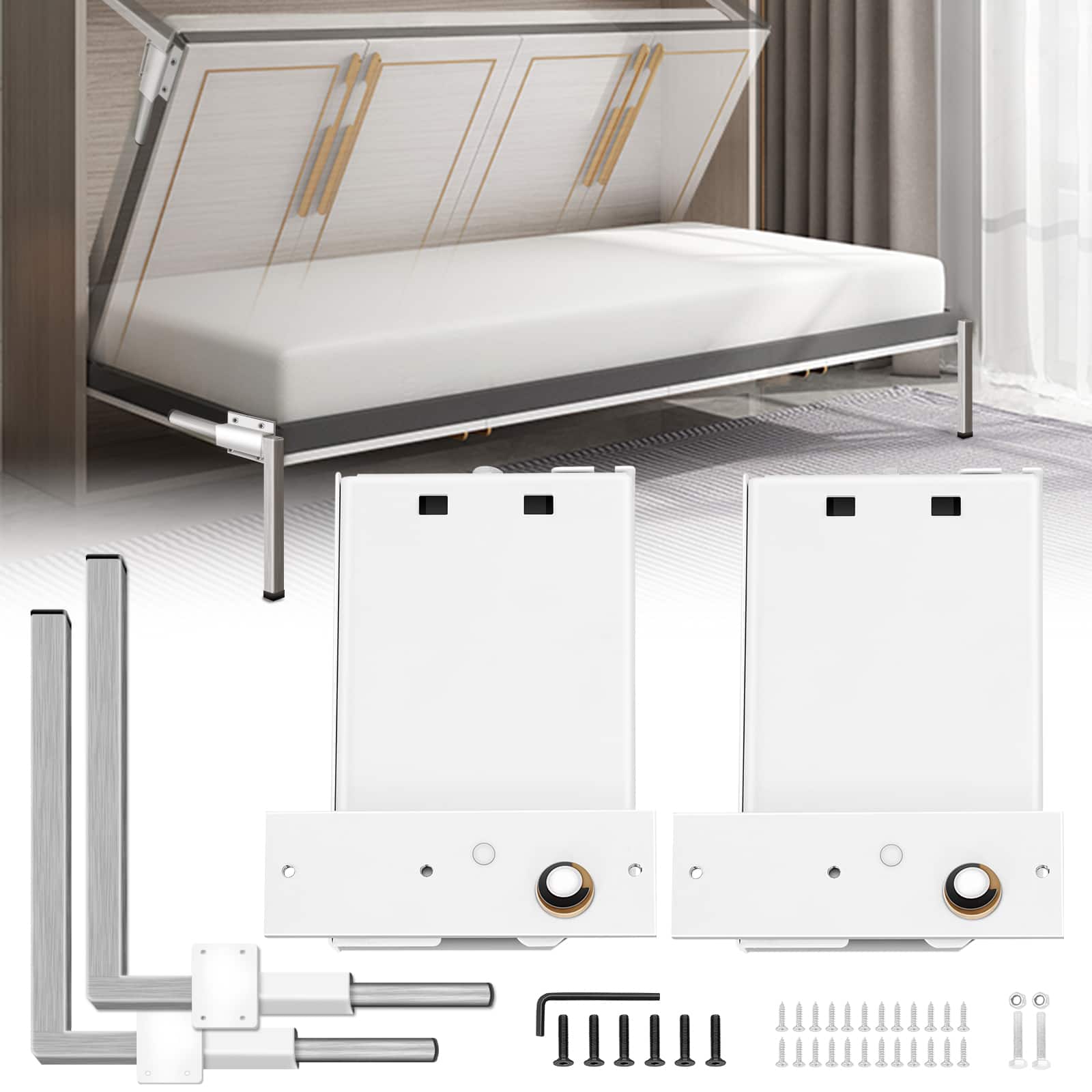 Front. VEVOR - Murphy Mounting Wall Springs Mechanism Heavy Duty Support Hardware DIY Kit for Queen Twin Size Bed (Horizontal), White - White.
