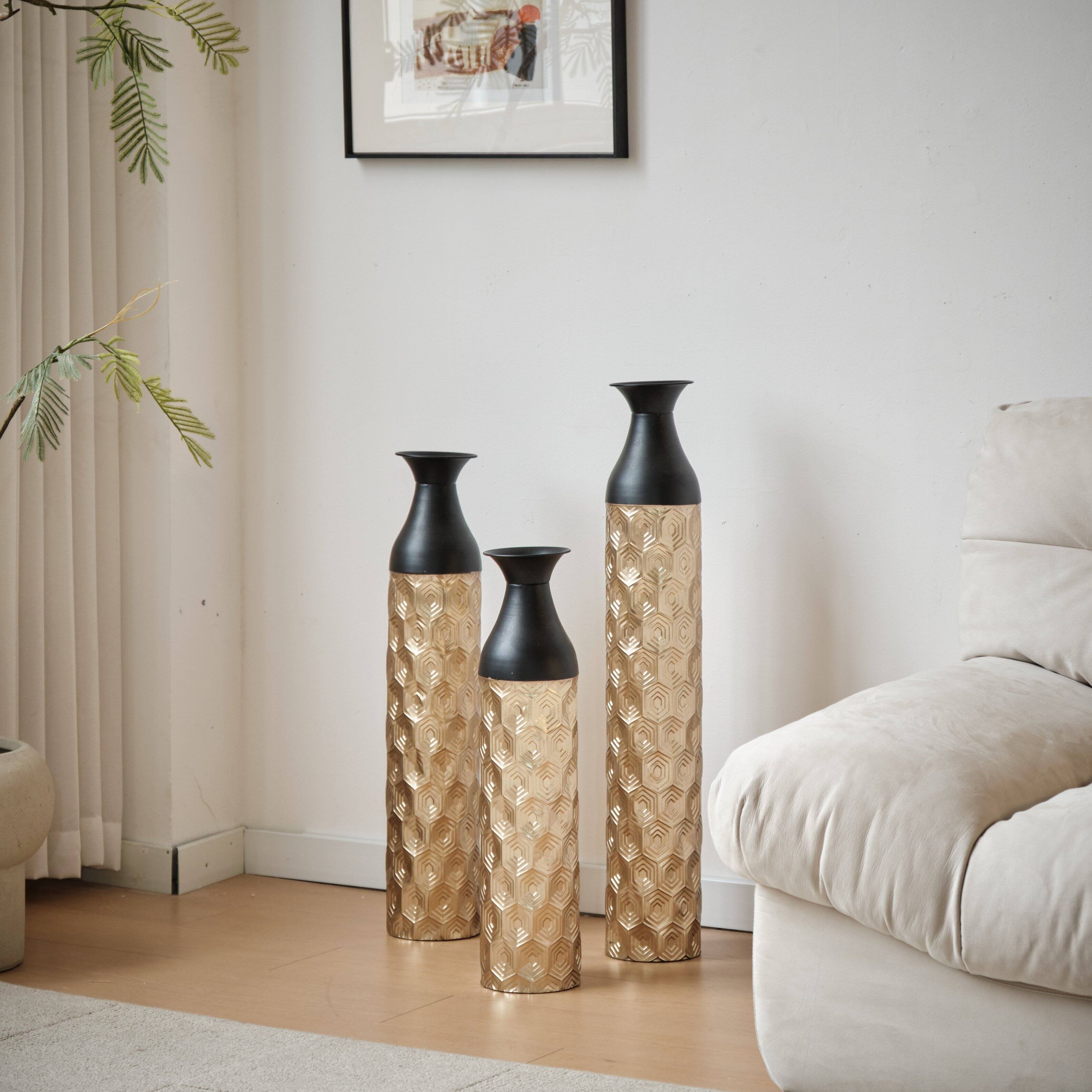 Alt View 2. Anysun - White Metal Floor Vases Set of 3 - Glazed Finish, 24.8in/29in/33.8in Height for Home Decor - Gold.