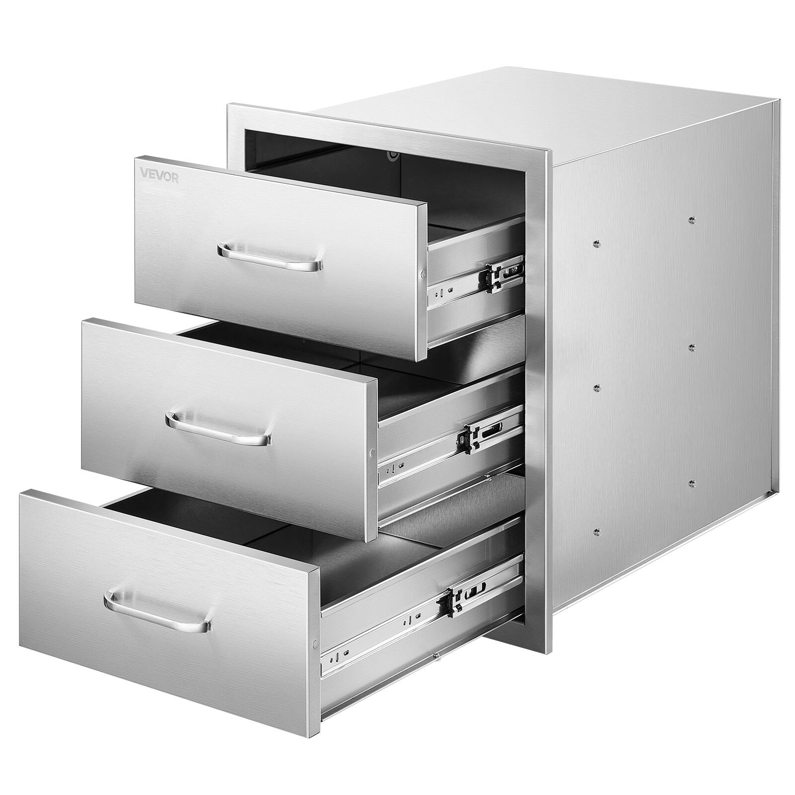 Front. VEVOR - Outdoor Kitchen Drawers 18.11" W x 23.23" D x 23.23" H,Triple-Access Stainless Steel Modular Drawer Cabinet with Handles - Silver.