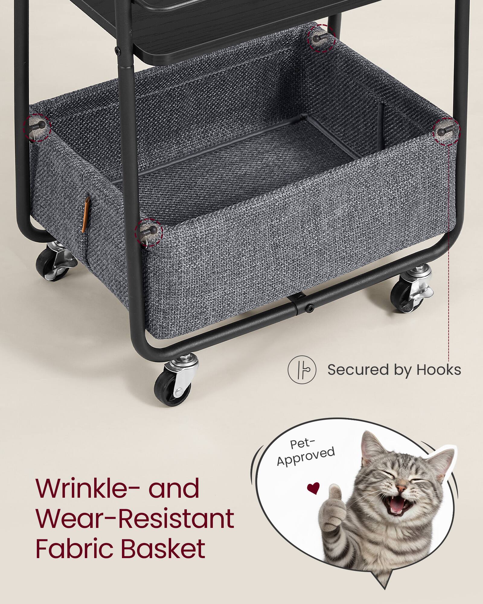 1 IP Secured by Hooks  
Pet-Approved Wrinkle- and Wear-Resistant Fabric Basket