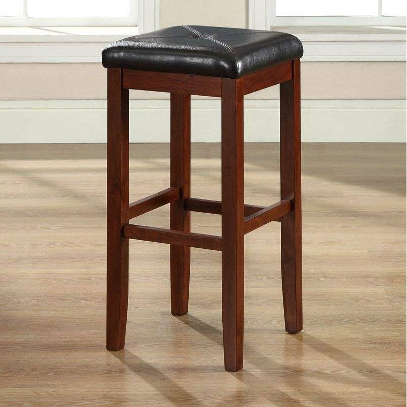 Left. Hivvago - Set of 2 Vintage Mahogany Stools with Black Upholstered Seat - Mahogany, Black.