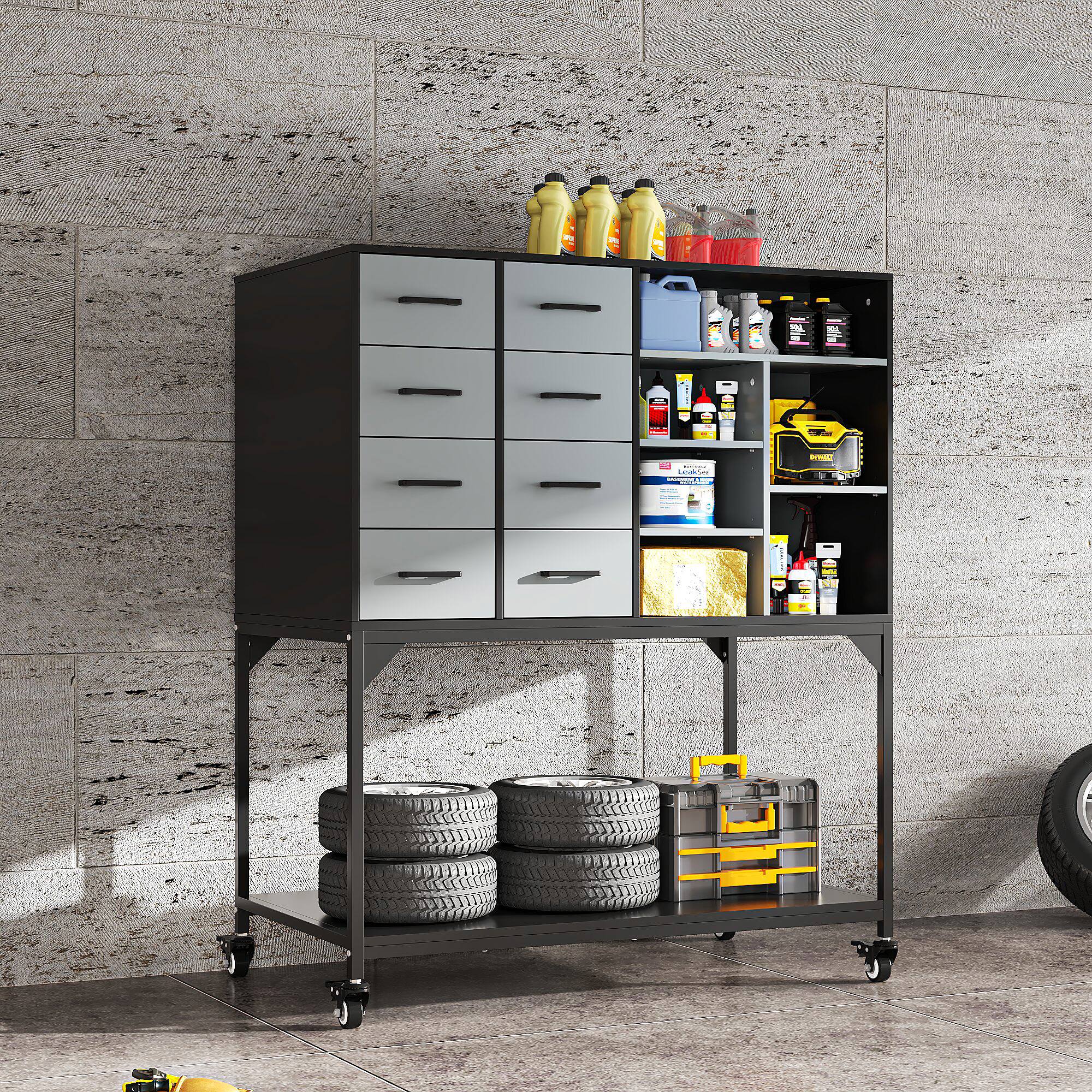 Front. Famapy - Rolling Tool Cabinet with Pegboard, 8 Drawers & Adjustable Shelves, Heavy-Duty Steel Garage Storage Cart - Black & Gray.