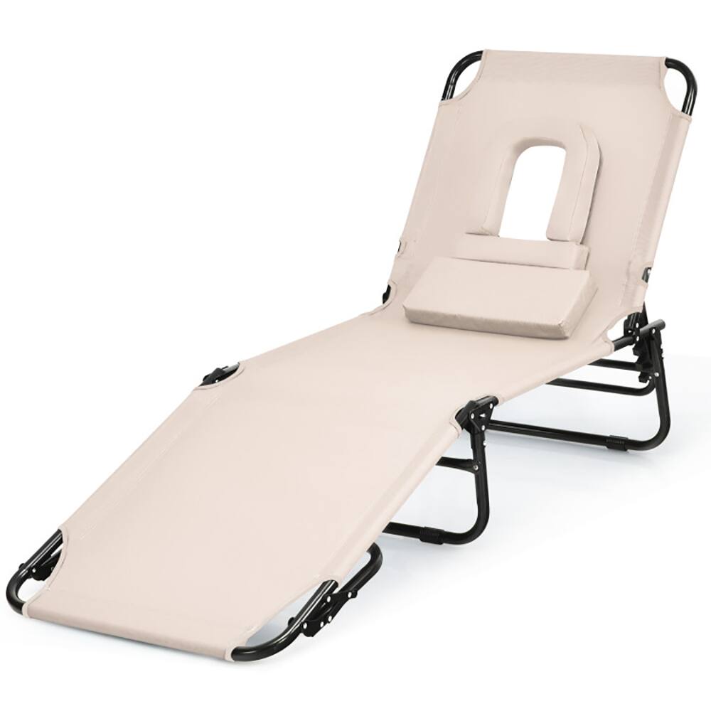 Angle. Pefilos - Patio Lounge Chair, Outdoor Folding Chaise Beach Pool Patio Lounge Chair Bed with Adjustable Back and Hole-Beige Cushion - Beige.