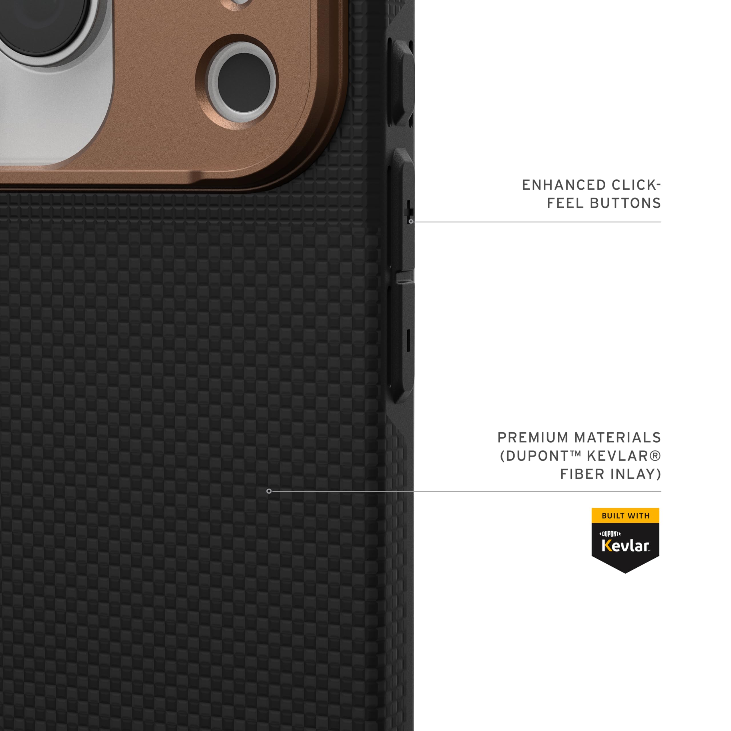 ENHANCED CLICK-FEEL BUTTONS

PREMIUM MATERIALS (DUPONT™ KEVLAR® FIBER INLAY)

BUILT WITH Kevlar.