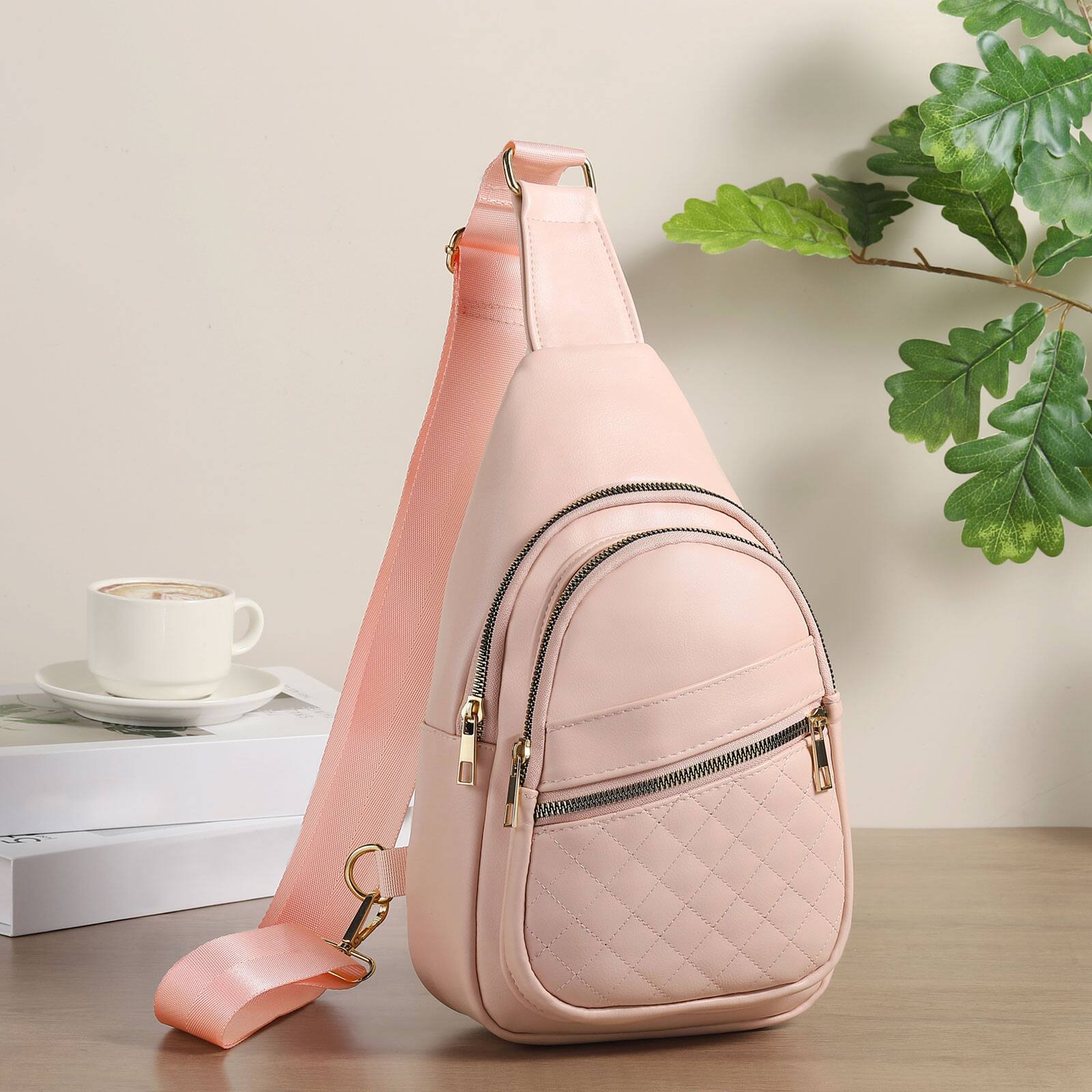 Alt View 5. Unique Bargains - Crossbody Bags for Women Men Leather Sling Bag Cross Body Backpack for Women Casual Chest Bag Daypack for Travel Hiking - Pink.