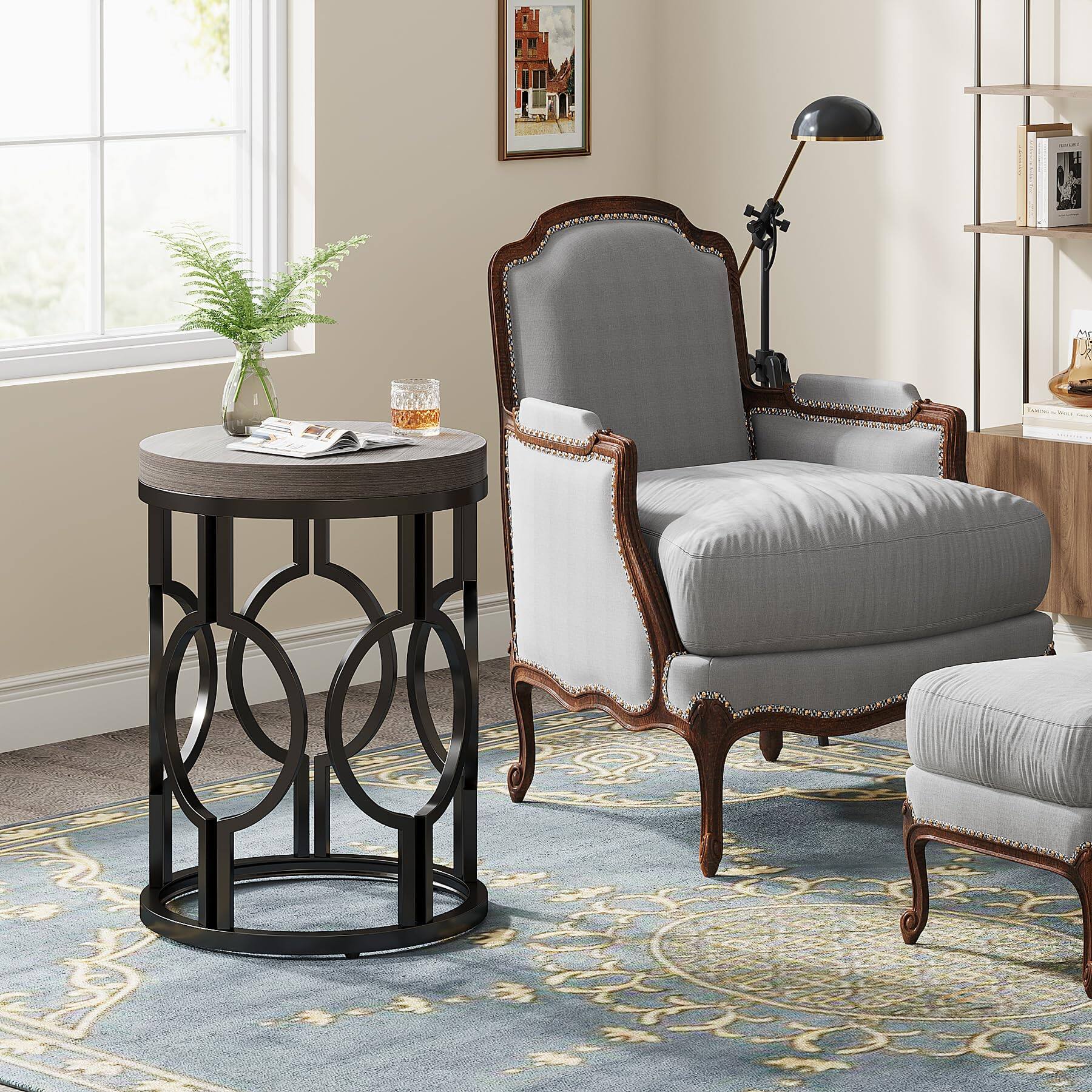 Alt View 3. Tribesigns - Round End Table, Industrial Side Table with Metal Hollow Frame, Small Bedside Table Nightstand for Living Room, Bedroom, - Grey.