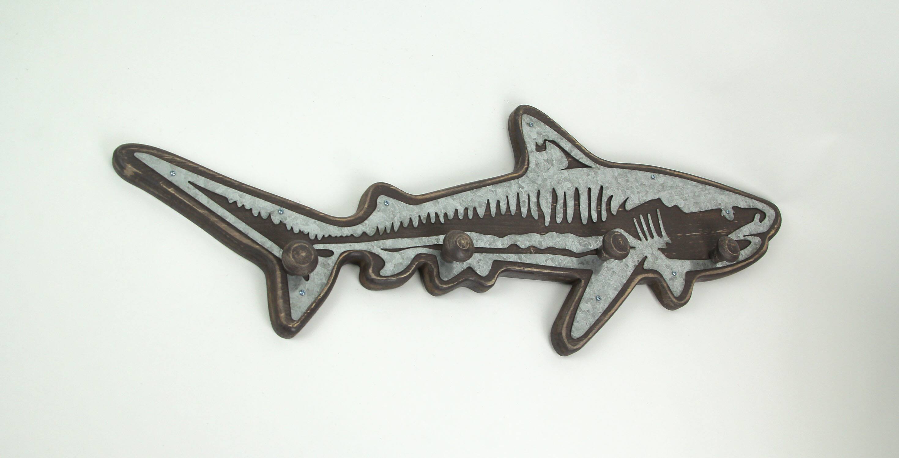 Alt View 2. Zeckos - 33 Inch Distressed Wood Shark Wall Hook Rack Metal Accents Ocean Art Sculpture - Brown.