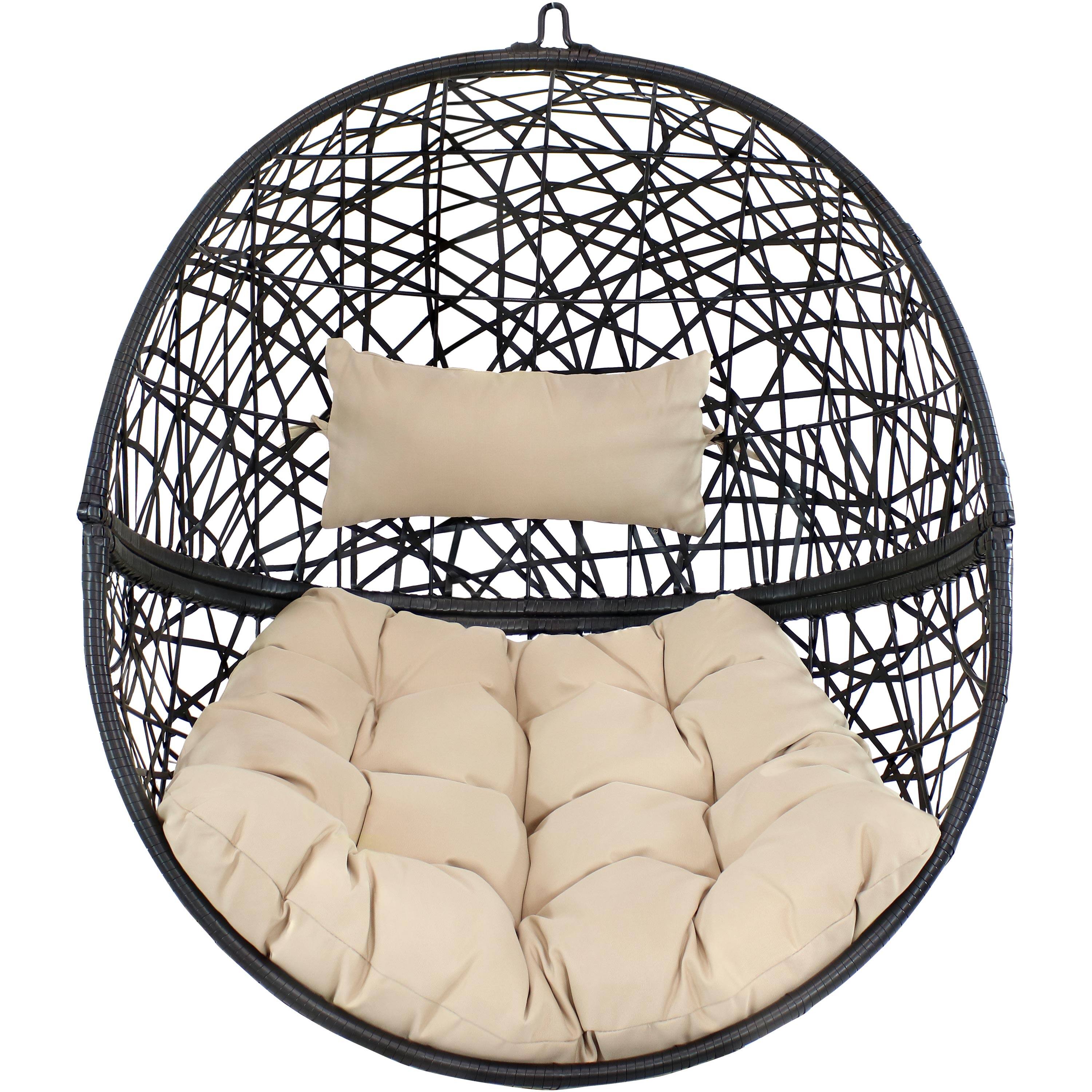 Alt View 7. Sunnydaze - Resin Wicker Hanging Egg Chair with Steel Stand/Cushions - Beige Cushions.