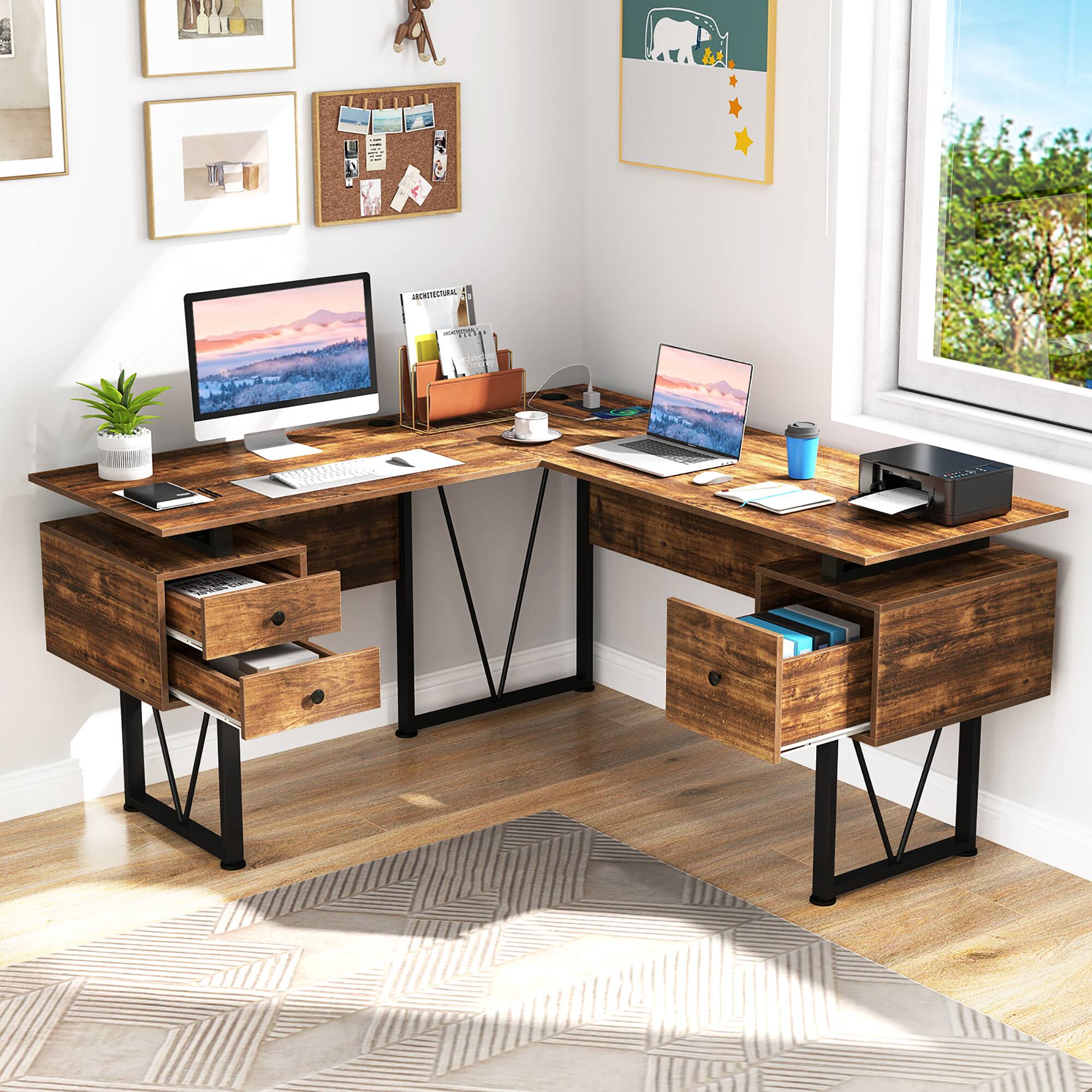 Gymax 59'' L shaped Computer Desk w/ Charging Station Corner Desk Gymax 59'' L shaped Computer Desk w/ Charging Station Corner Desk