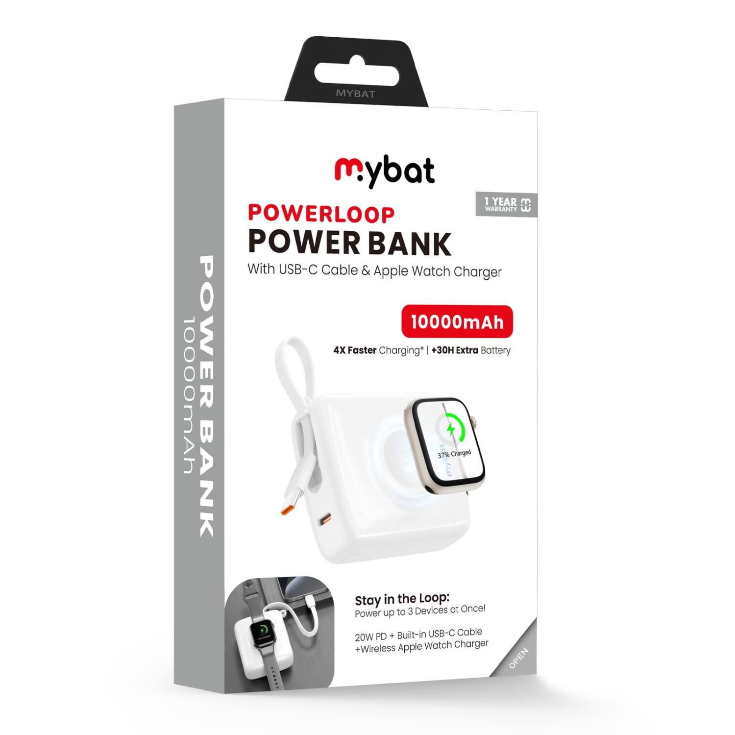 MYBAT mybat 1 YEAR WARRANTY POWERLOOP POWER BANK With USB-C Cable & Apple Watch Charger 10000mAh 10000mah POWER 4X Faster Charging | +30H Extra Battery 37% Charged Stay in the Loop: Power up to 3 Devices at Once! Power up + Built-in USB-C Cable 20W PD + Wireless Apple Watch Charger OPEN