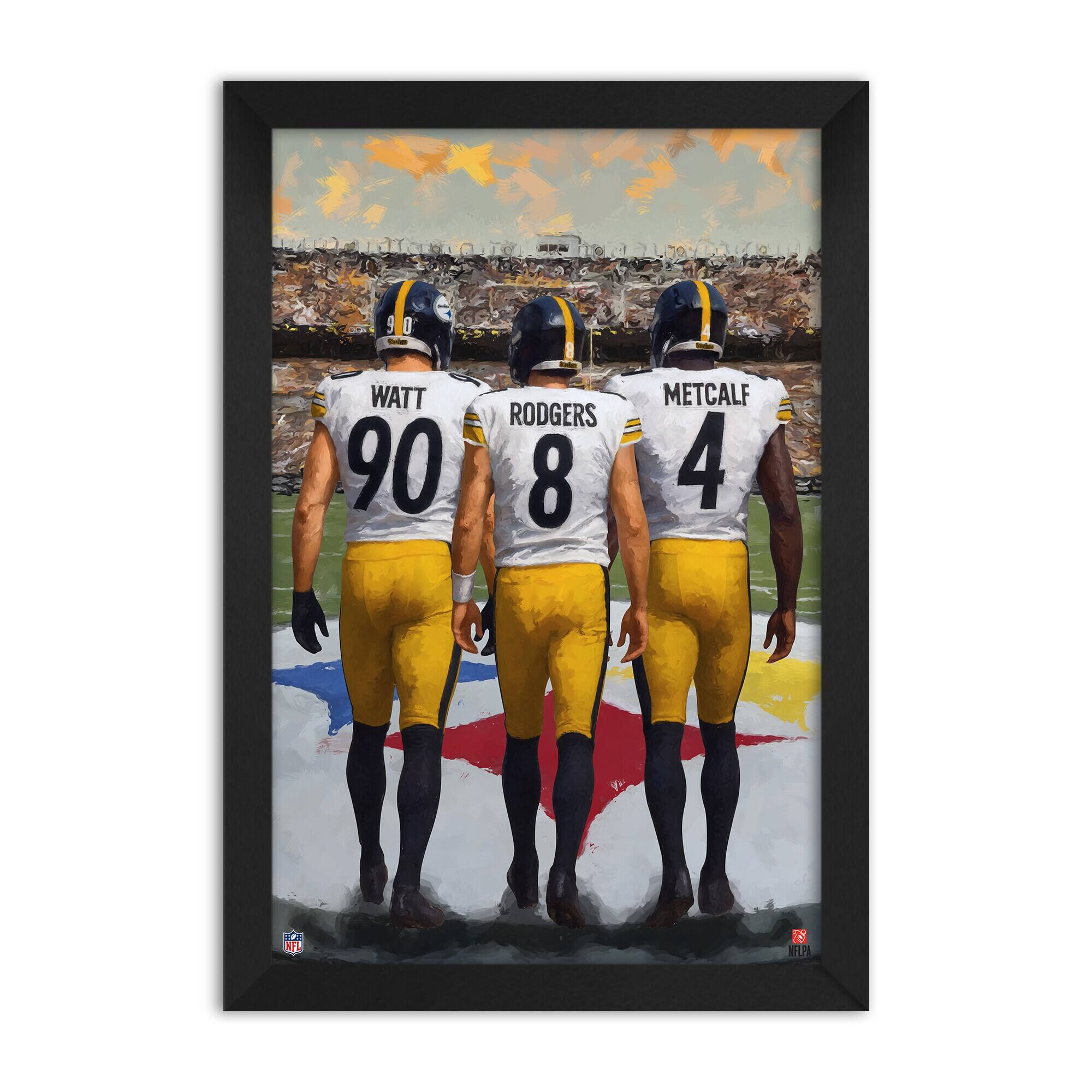 Sporticulture - Aaron Rodgers, DK Metcalf & T.J. Watt Pittsburgh Steelers Framed Three-Player Art Print - Yellow