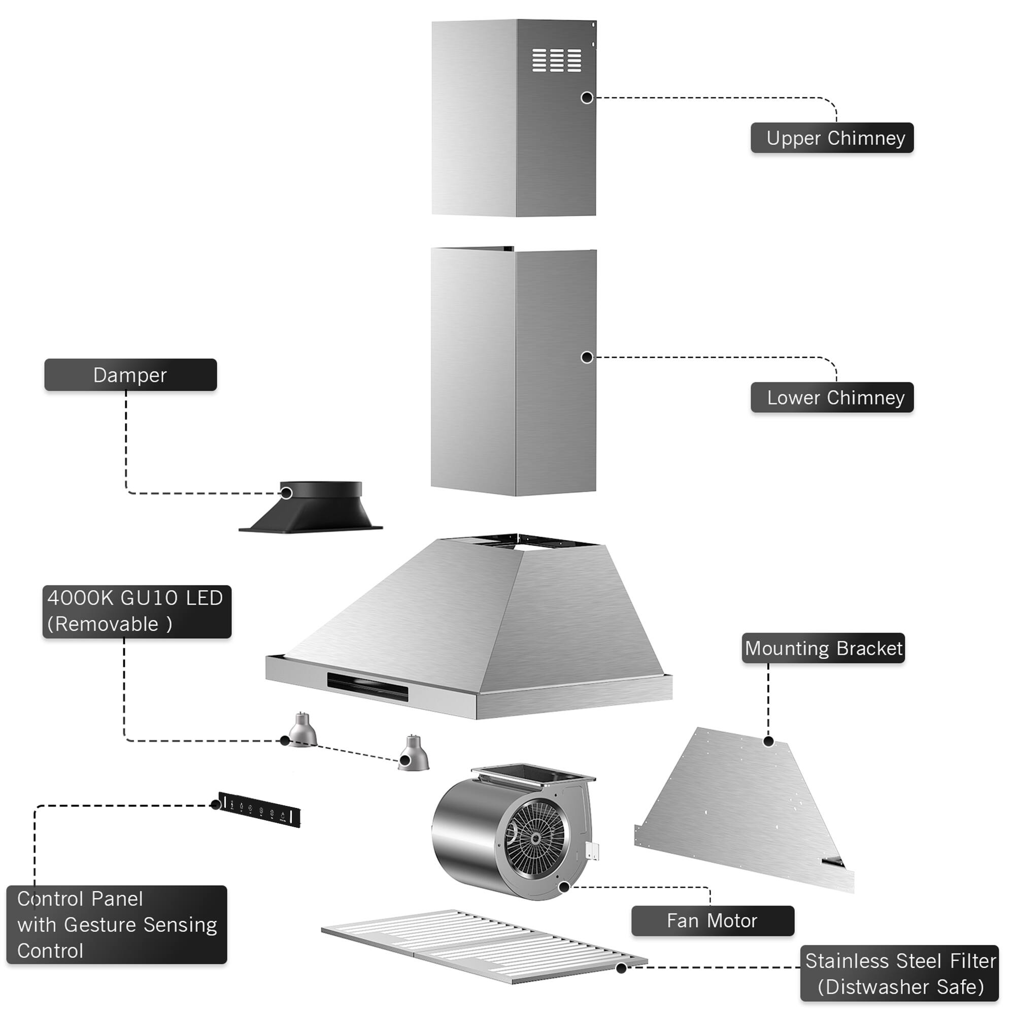 Upper Chimney, Lower Chimney, 4000K GU10 LED (Removable), Mounting Bracket, Control Panel with Gesture Sensing Control, Fan Motor, Stainless Steel Filter (Distwasher Safe)
