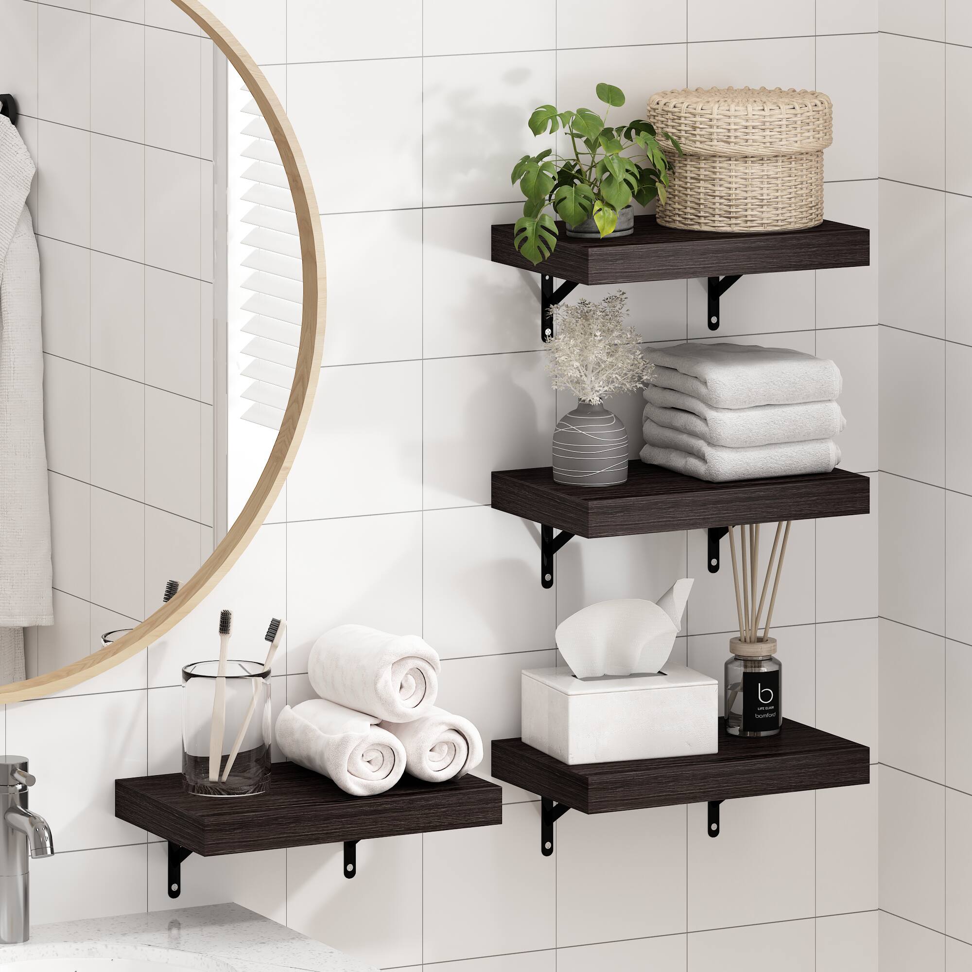 Alt View 6. Furinno - Tanna 15-Inch Wall Mounted Bathroom Floating Display Shelves, Set of 4 - Tobacco Oak.