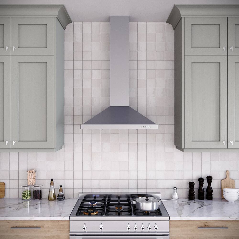 Left. Streamline - 30 in. Stadera Ducted Wall Mount 220 CFM Range Hood, Baffle Filters, Push Button Control, LED Light - Brushed Stainless Steel.