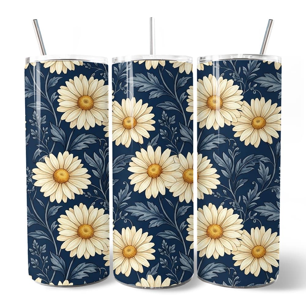 OrnamentallyYou - Vintage Daisy Floral Pattern 20oz Tumbler With Lid and Stainless Steel Straw, Navy Blue - Multicolored