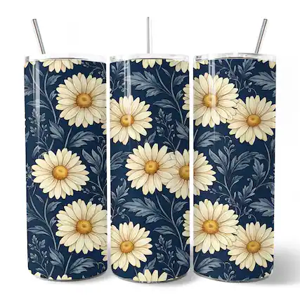 Front. OrnamentallyYou - Vintage Daisy Floral Pattern 20oz Tumbler With Lid and Stainless Steel Straw, Navy Blue - Multicolored.