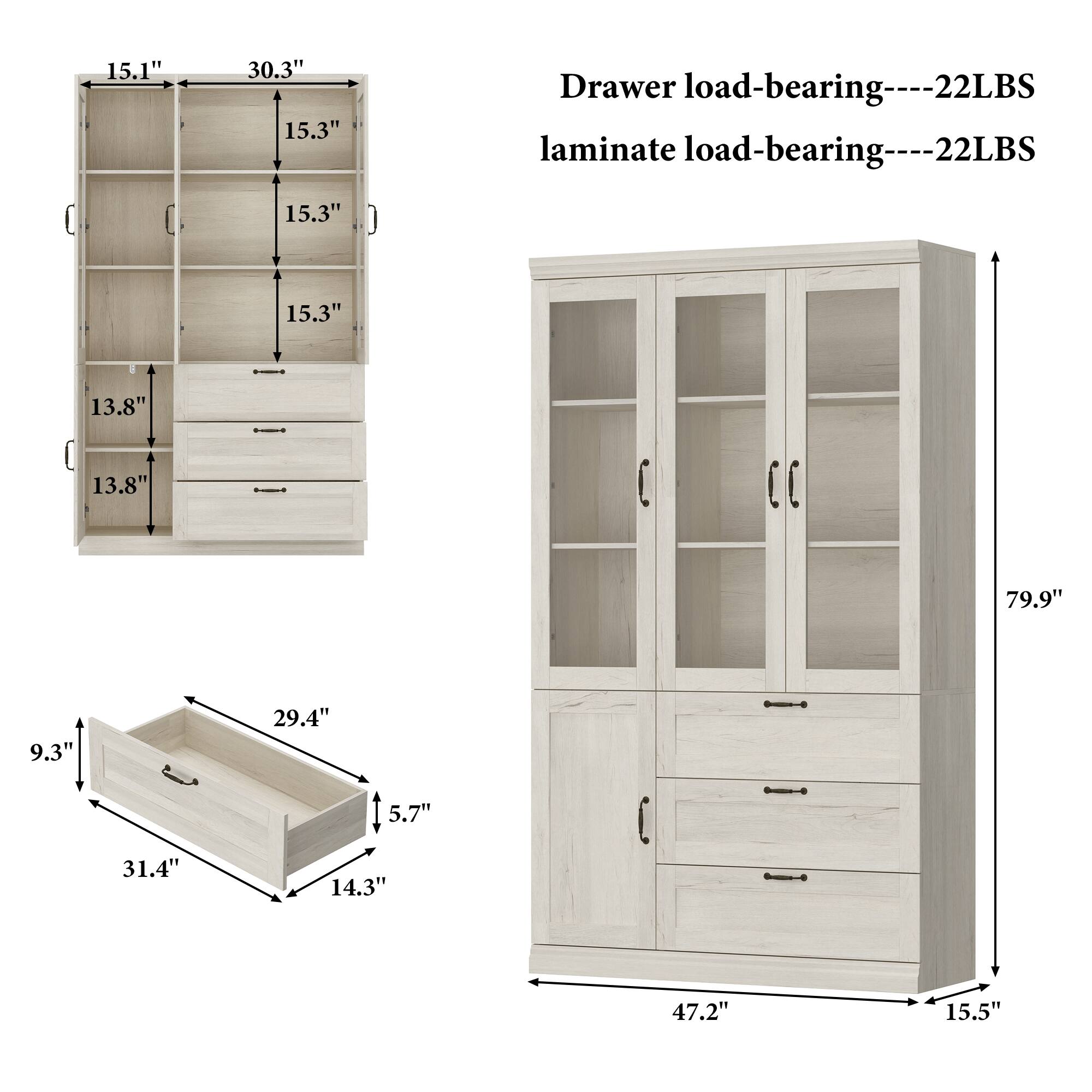 15.1" x 30.3" x 15.3" x 15.3" x 15.3"  
Drawer load-bearing: 22LBS  
Laminate load-bearing: 22LBS  
13.8" x 13.8"  
9.3" x 31.4" x 14.3" x 29.4" x 5.7"  
47.2" x 15.5" x 79.9"